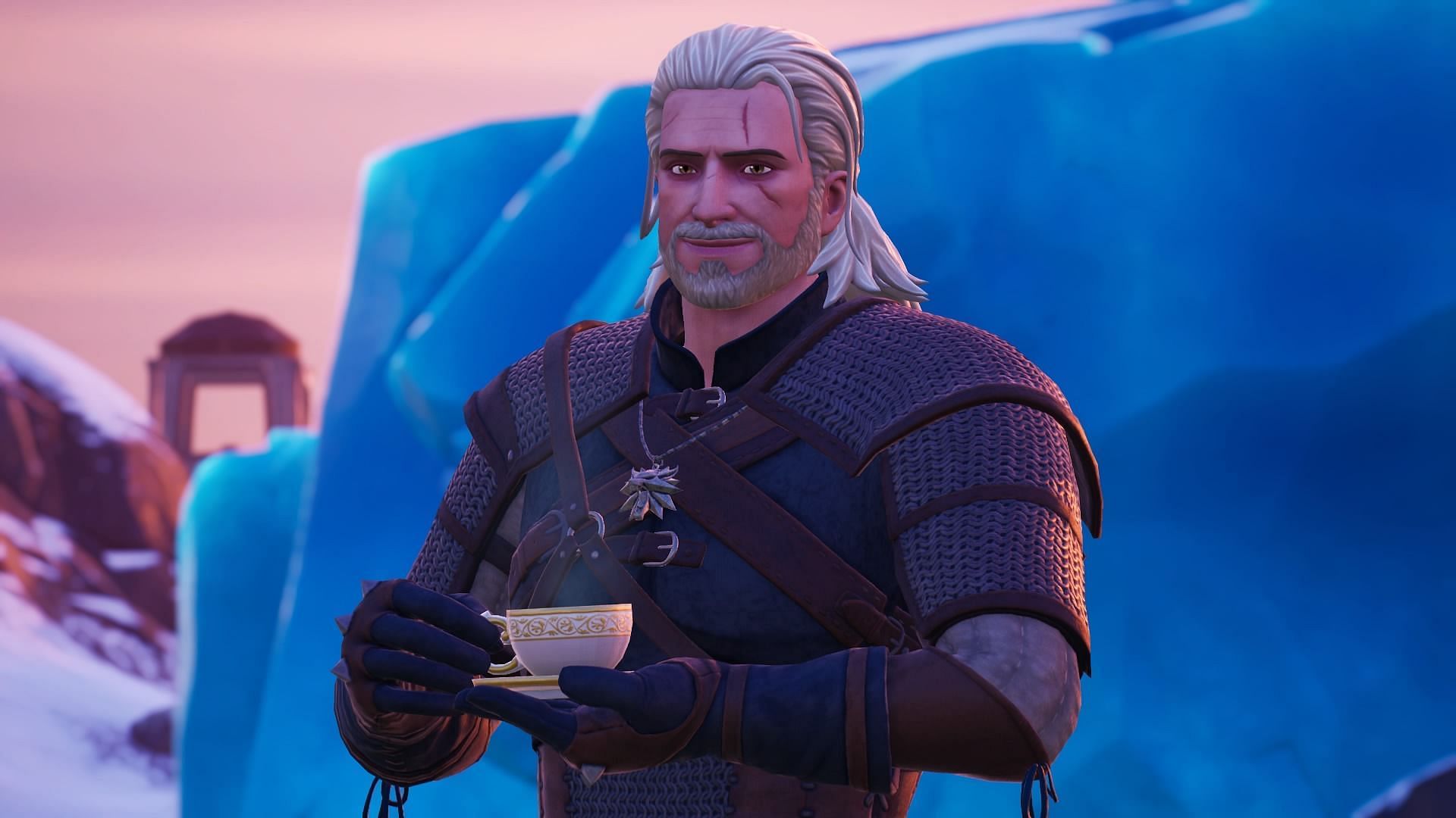 Geralt of Rivia is enjoying a cuppa while waiting for the Fortnite downtime to end (Image via Twitter/Jokernz_)