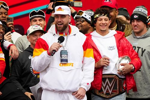 Patrick Mahomes and Travis Kelce at the Kansas City Chiefs Victory Parade