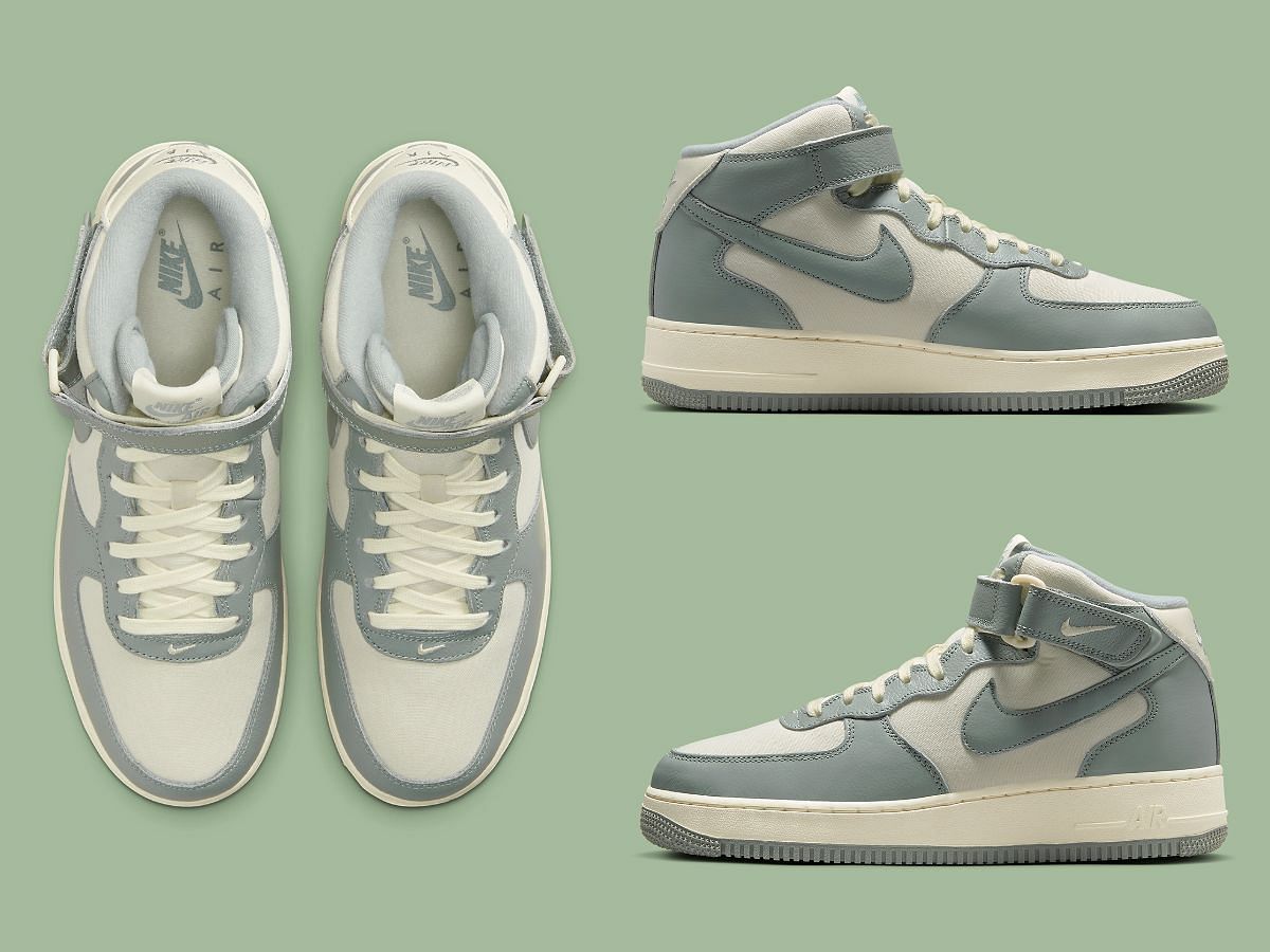 Different profiles of Nike Air Force 1 Mid "Mica Green" sneakers (Image via Sneaker News)