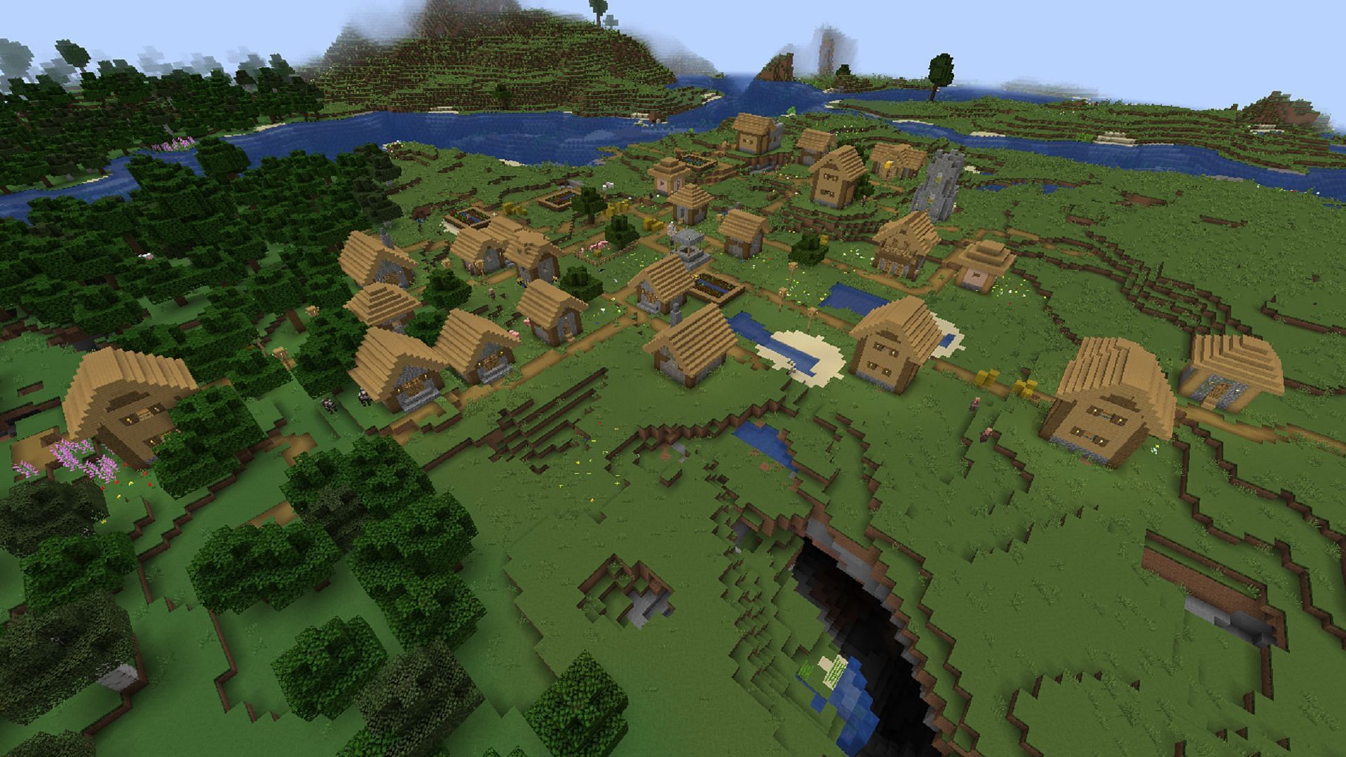 A very large Minecraft village awaits players not far from spawn in this seed (Image via Mojang)