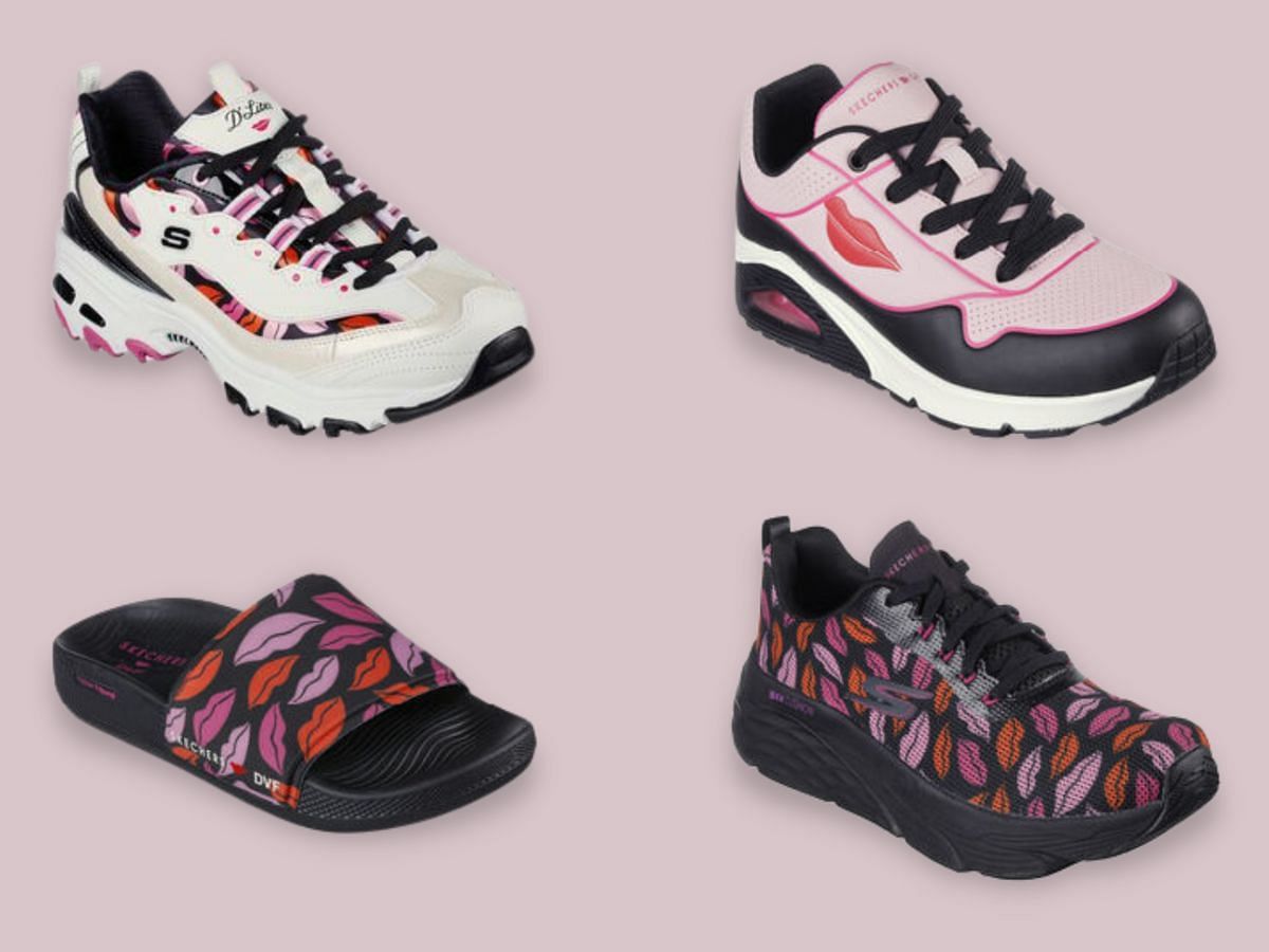 The newly released Skechers x Diane Von Furstenberg collection features the iconic DVF &quot;Lips&quot; print upon the apparel and footwear items (Image via Sportskeeda)