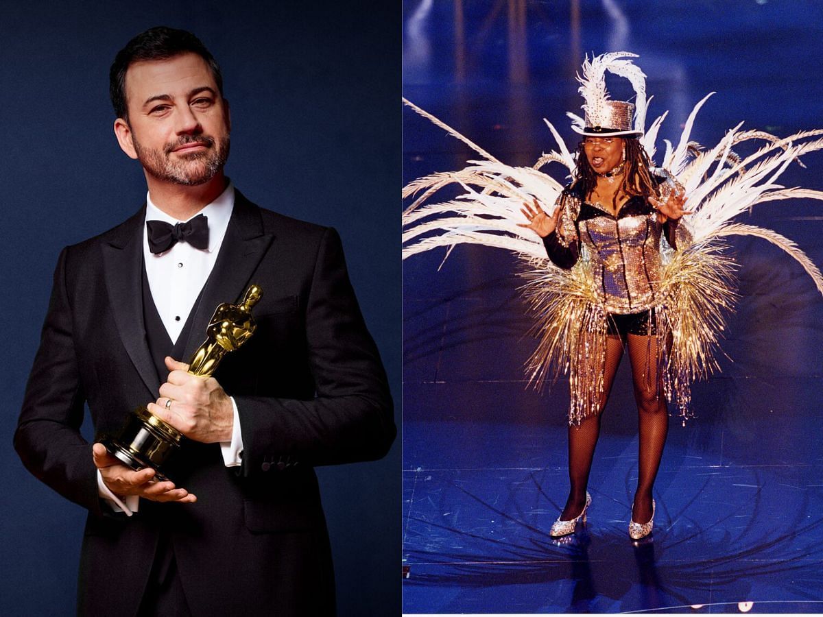 Stills of Whoopi Goldberg and Jimmy Kimmel hosting the Oscars (Images via Oscars)
