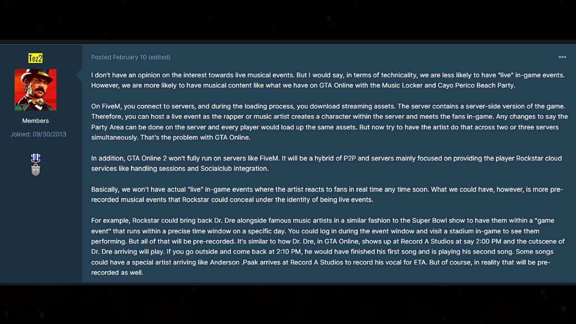 A screenshot of Tez2&#039;s opinion on online live events in gta 6 (Image via GTAForums)