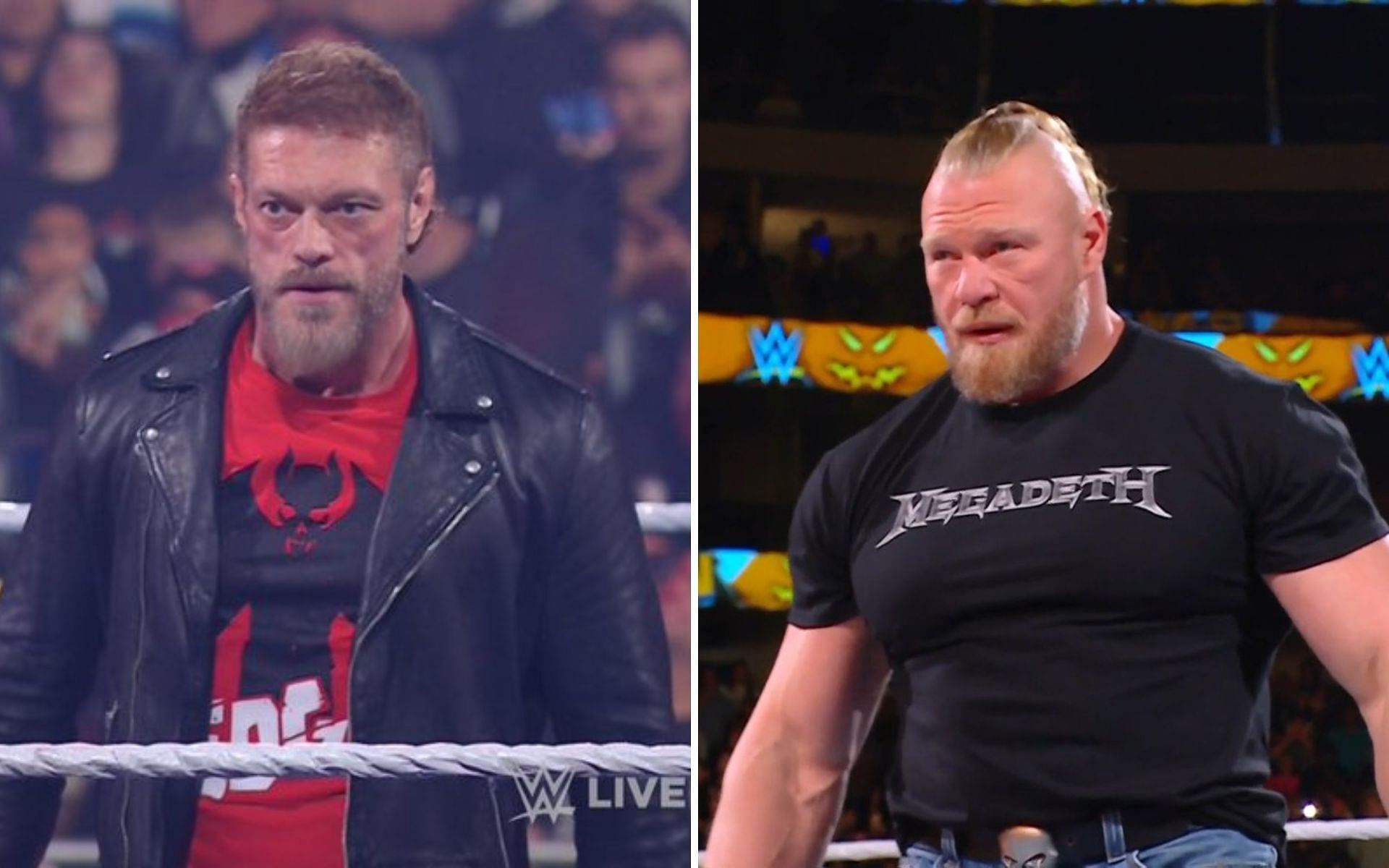 Edge (left); Brock Lesnar (right)