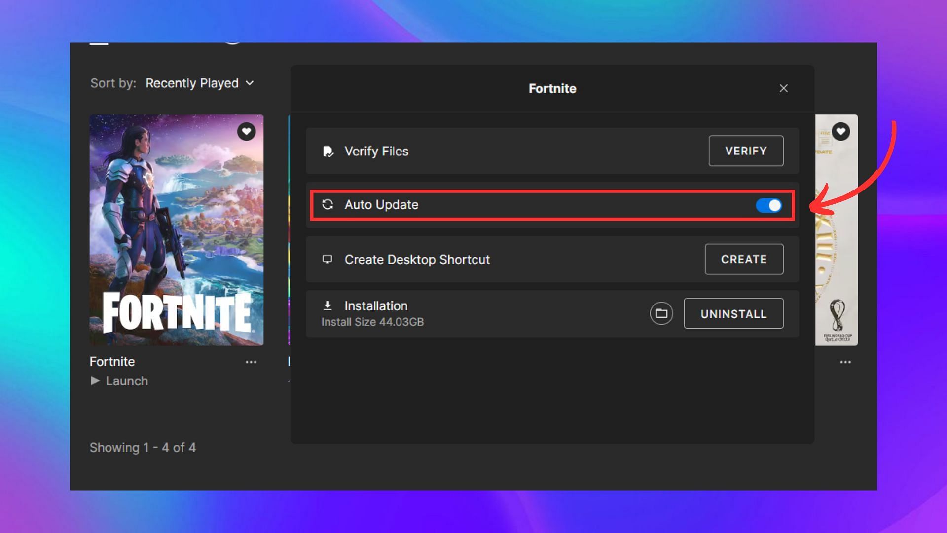 Turn on Auto Update option for Fortnite (Image via Sportskeeda)