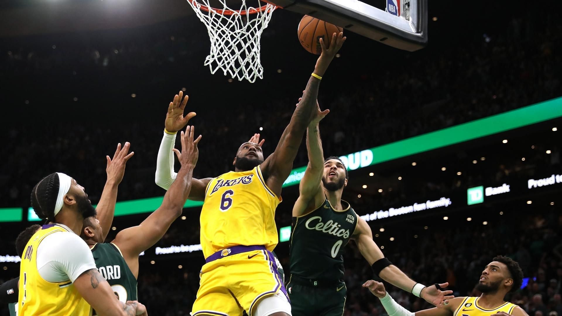 LA Lakers and Boston Celtics stars LeBron James (#6) and Jayson Tatum (#0)