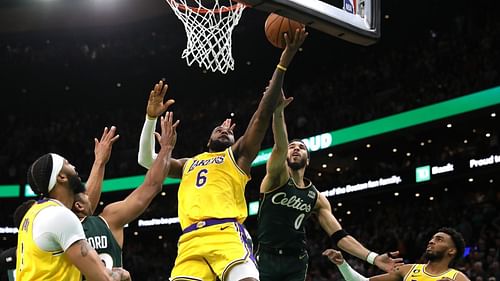 LA Lakers and Boston Celtics stars LeBron James (#6) and Jayson Tatum (#0)