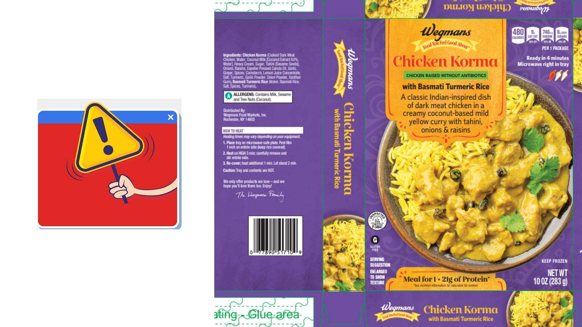 FSIS issues a public health alert for Wegmans Chicken Korma with Basmati Turmeric Rice over an allergen and mibranding concern (Image via FSIS)