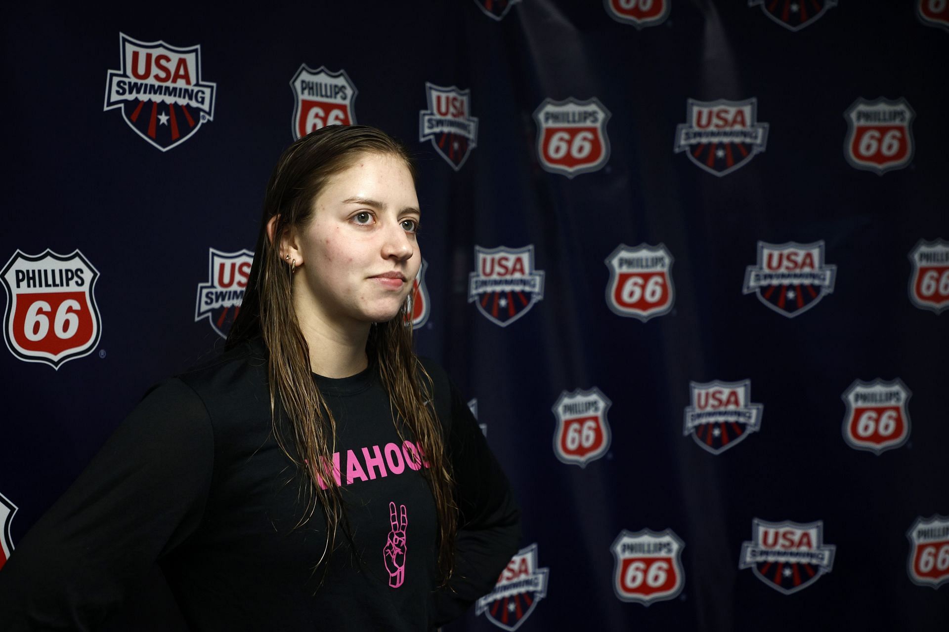 Kate speaks with the media on Day Two of the Phillips 66 International Team Trials at the Greensboro Aquatic Center