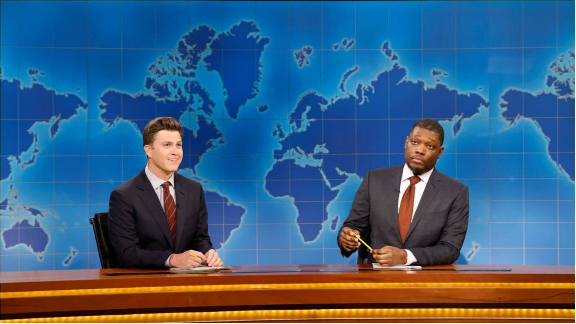 Colin Jost and anchor Michael Che during Weekend Update on Saturday, February 25, 2023 (Image via Will Heath/Getty Images)