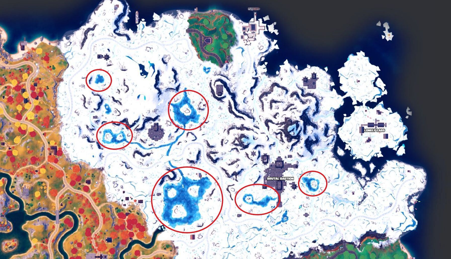 All major frozen surface locations in Chapter 4 Season 1 (Image via Fortnite.GG)