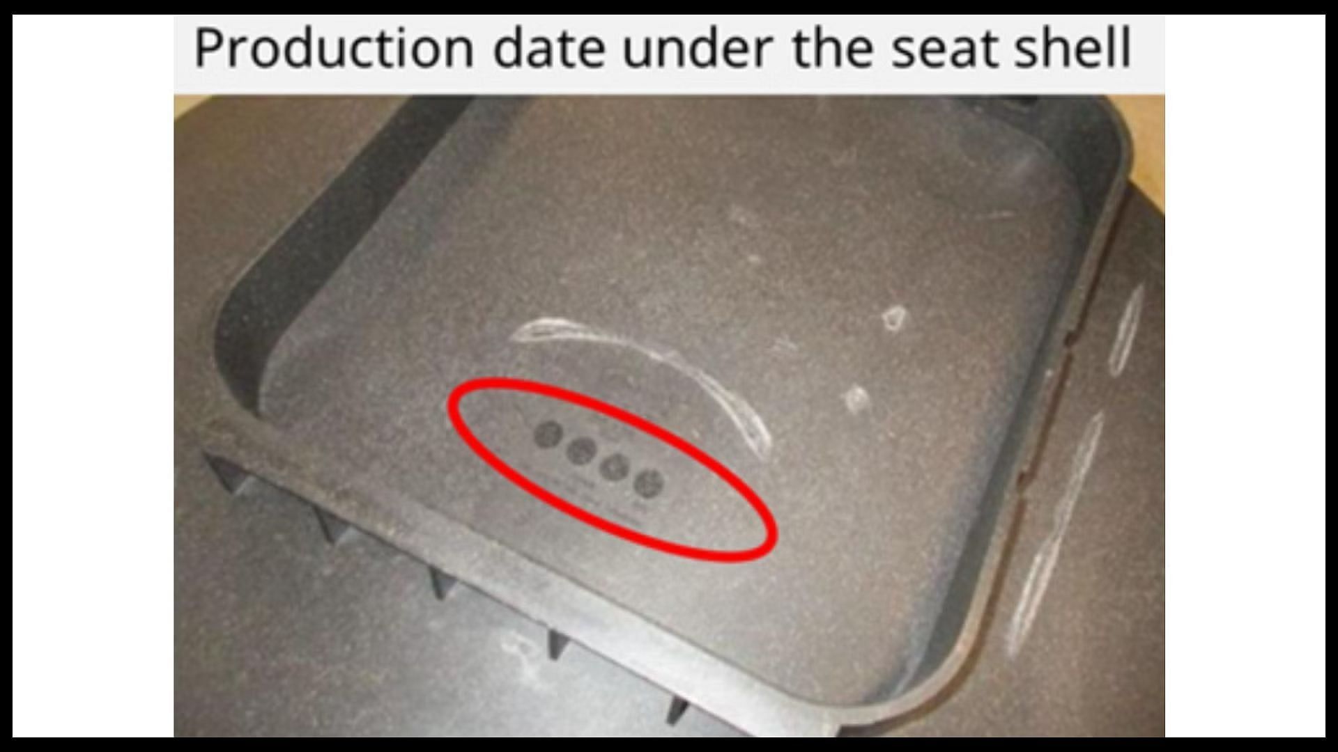 The production date and other details are located under the seat shell of the recalled ODGER Swivel chair (Image via CPSC)