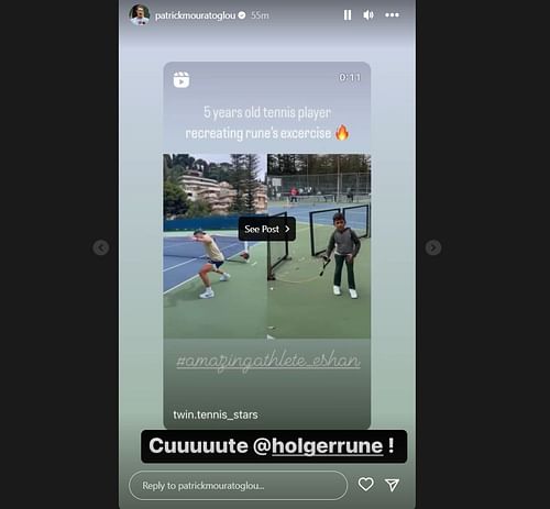 Patrick Mouratoglou reacts to a 5-year-old's rendition of his pupil Holger Rune's exercise routine.