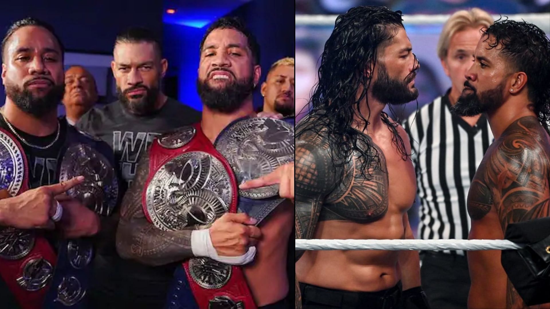 Remaining members of The Bloodline (left); Roman Reigns and Jey Uso from 2020 (right)