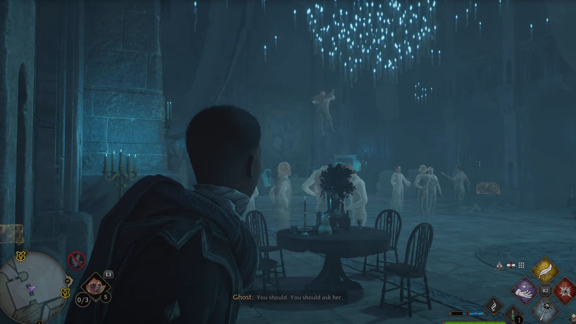 Hall in where ghosts are dancing in Hogwarts legacy (Image via YouTube/TheBrothersGrim117)