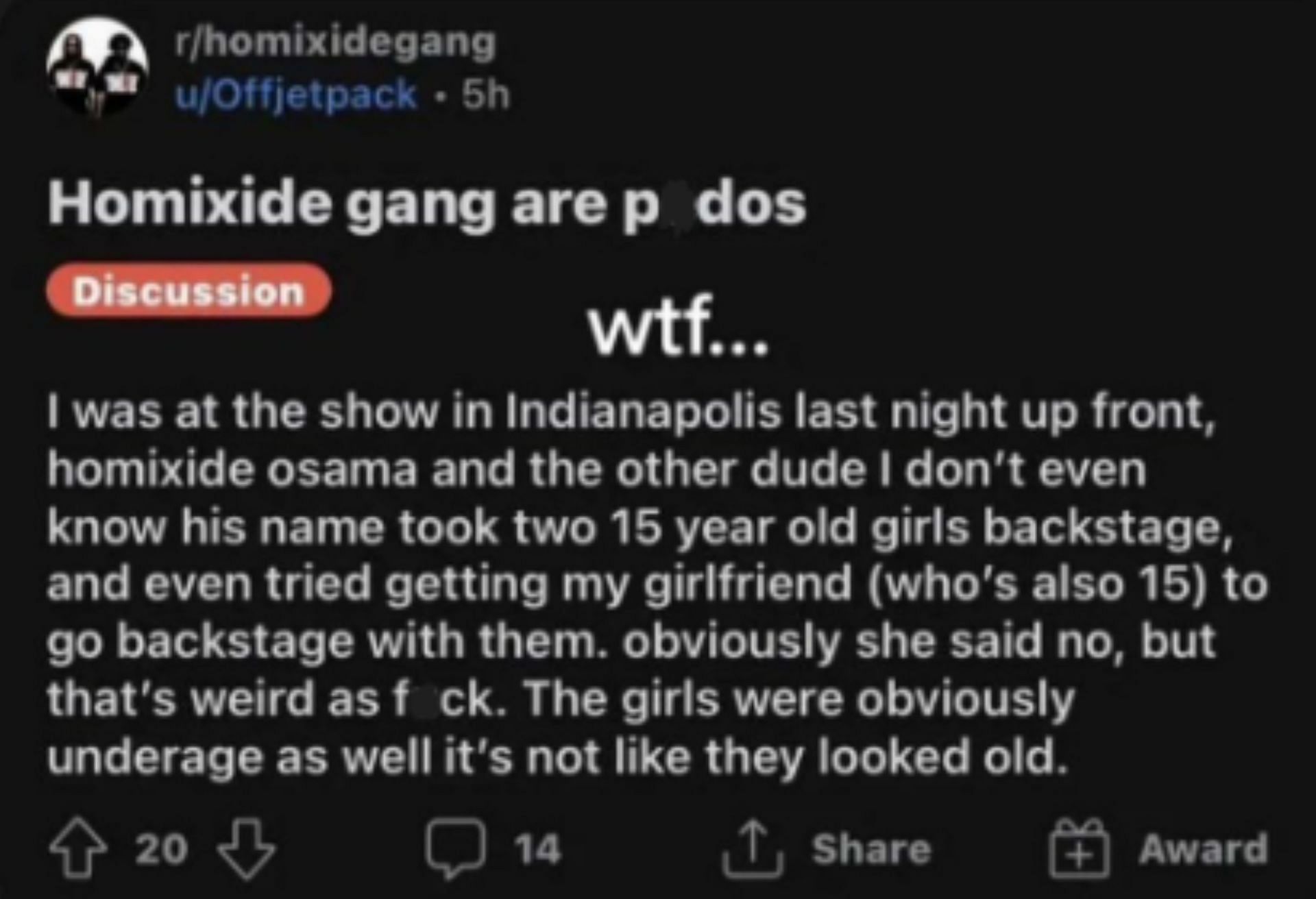 Homixide Gang accused of inviting underage girls backstage (Image via leotheactivist/Twitter)