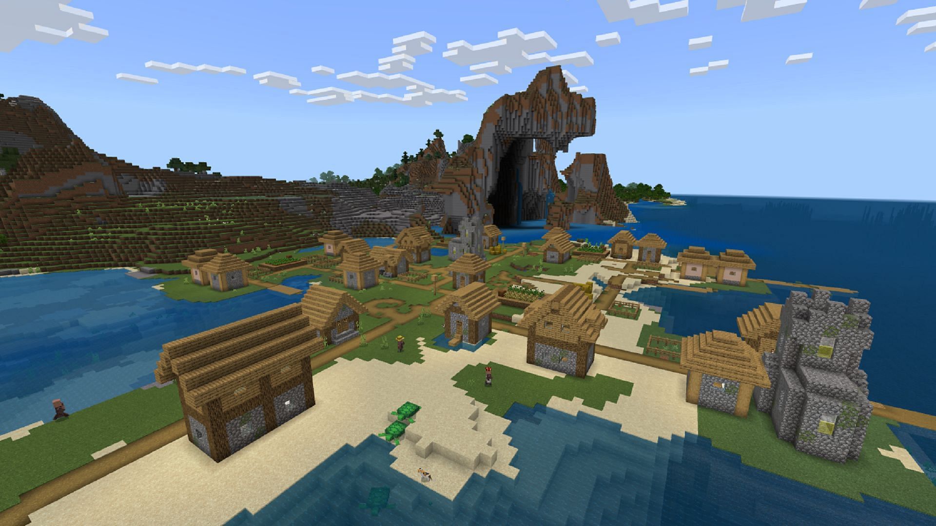This spawn village has plenty to offer Minecraft players before venturing out into the sea (Image via Mojang)