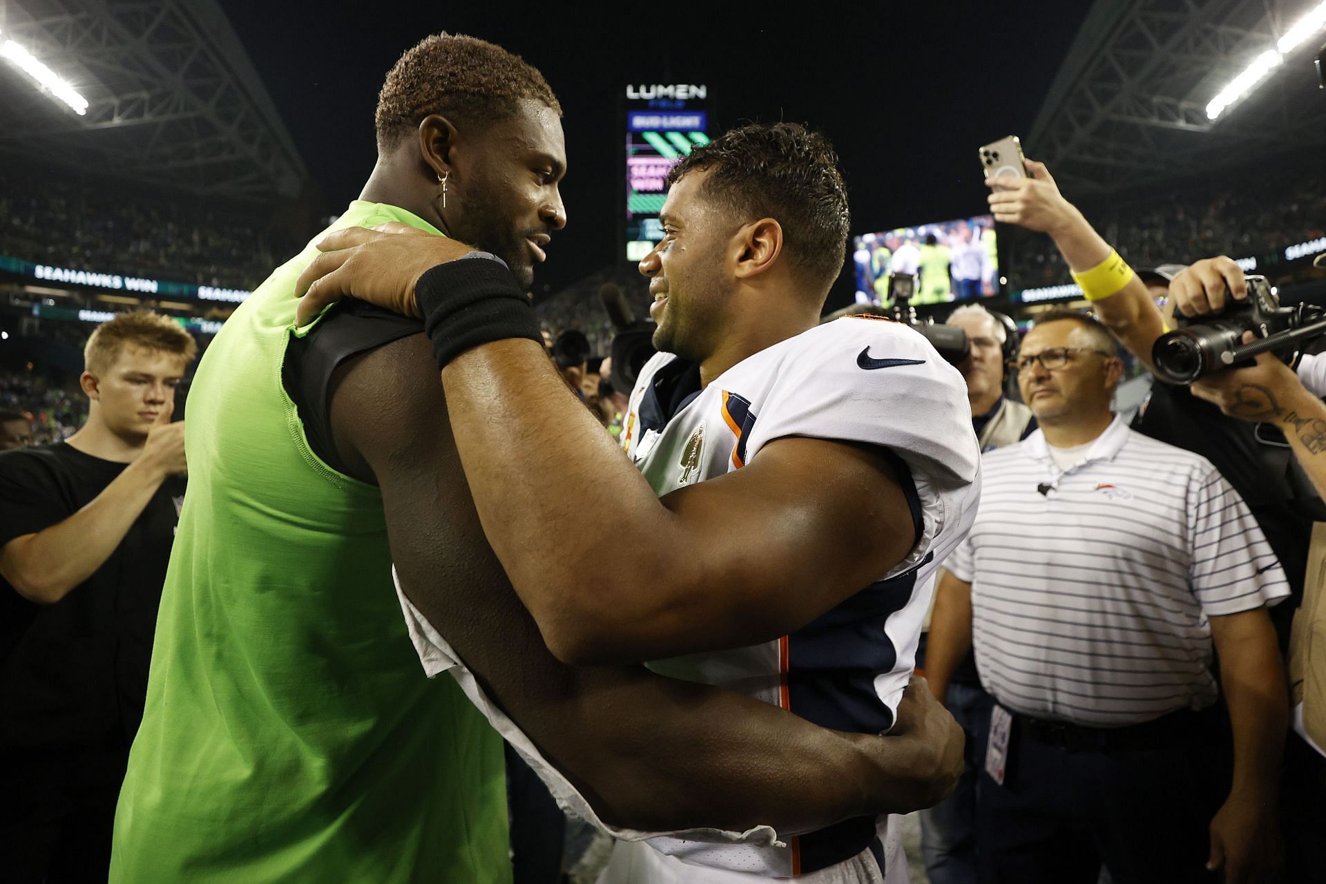 DK Metcalf and Russell Wilson at the Denver Broncos v Seattle Seahawks game