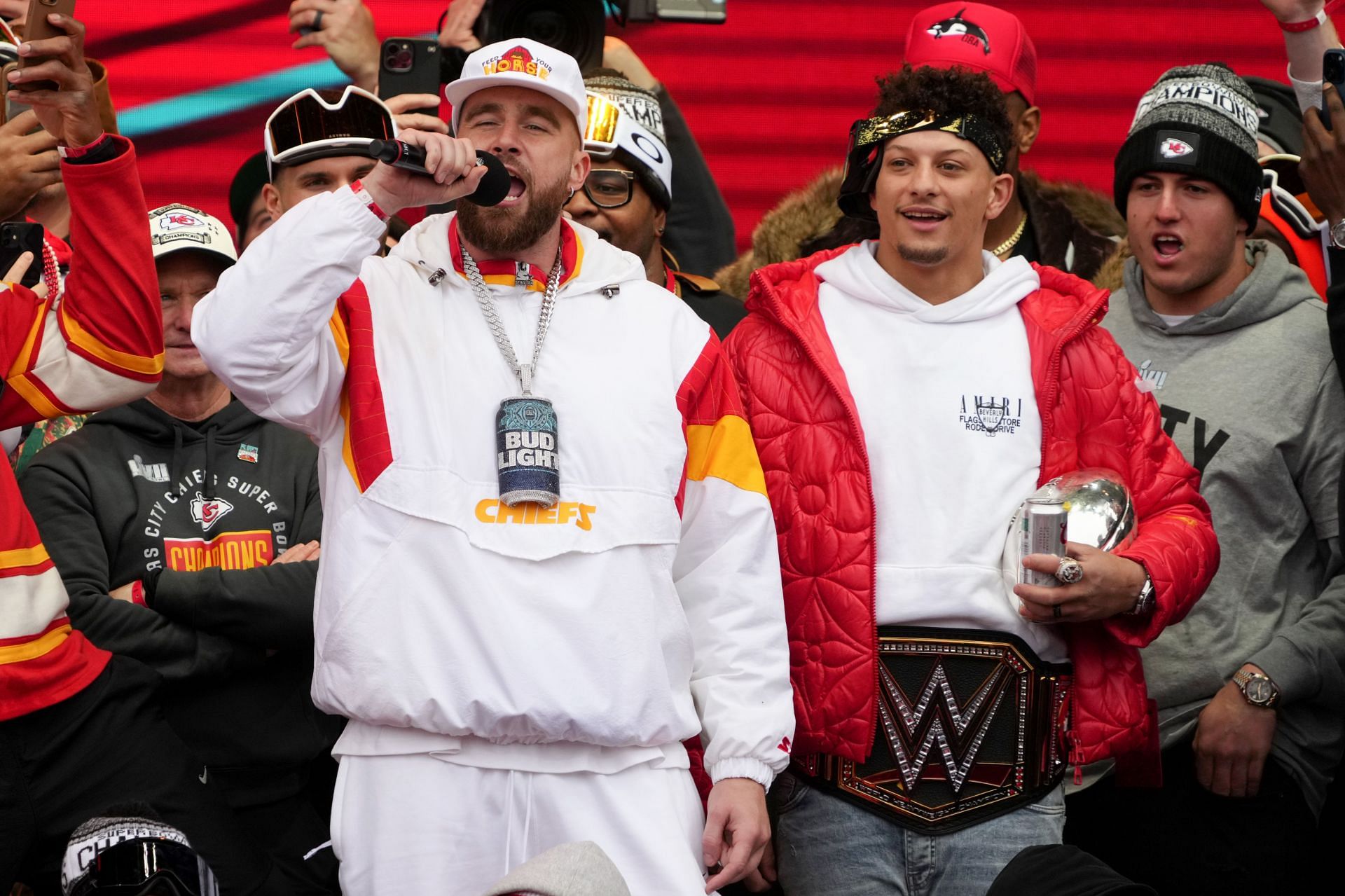 Travis Kelce and Patrick Mahomes at the Kansas City Chiefs Victory Parade