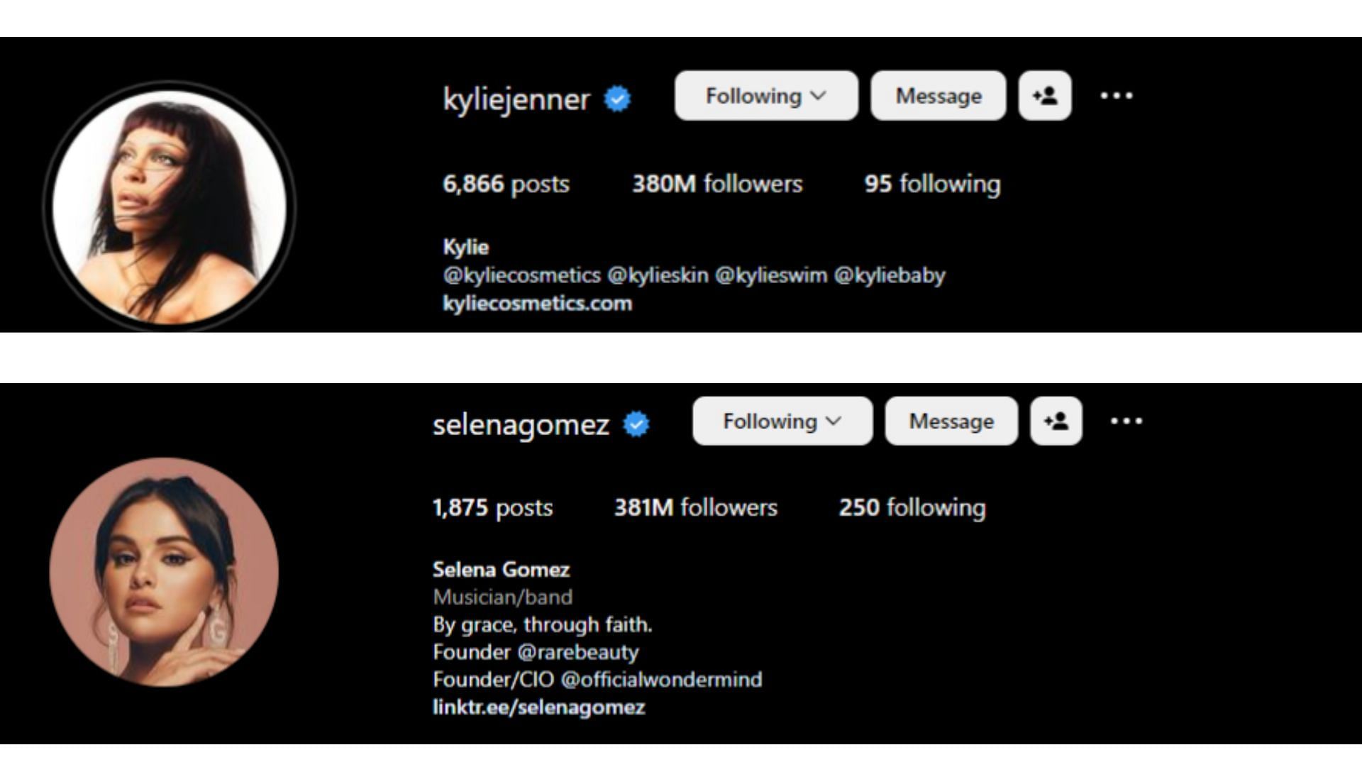 Screenshot of the Instagram profiles of Jenner and Gomez.
