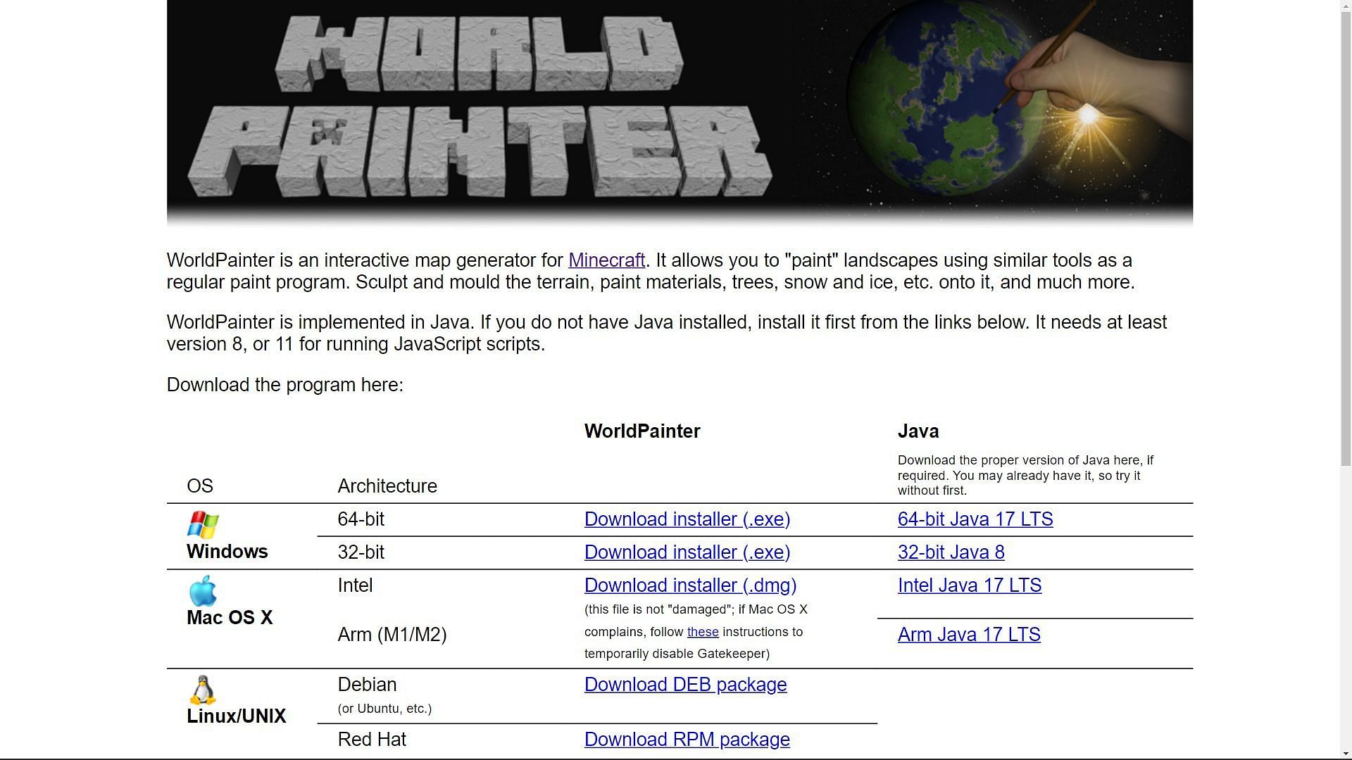 WorldPainter website from which players can download the software to use for Minecraft (Image via Sportskeeda)