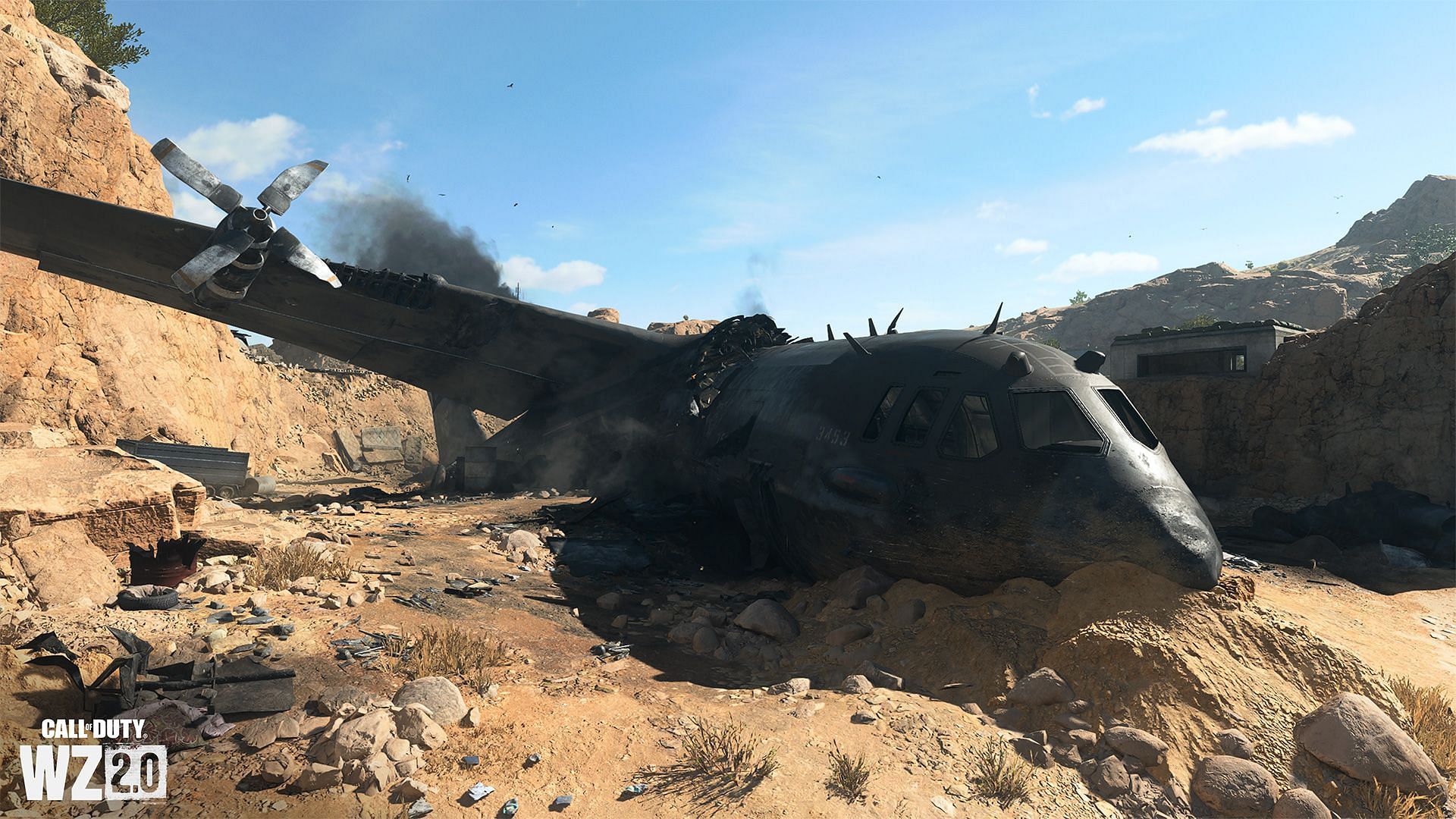 The crashed plane from Afghan is joining the outside area of Sattiq Caves in Warzone 2 (Image via Activision)