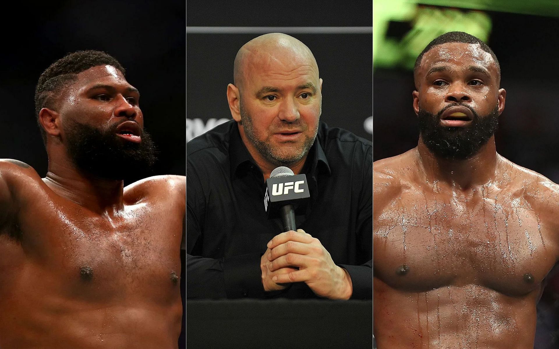 Curtis Blaydes (left), Dana White (centre), Tyron Woodley (right)
