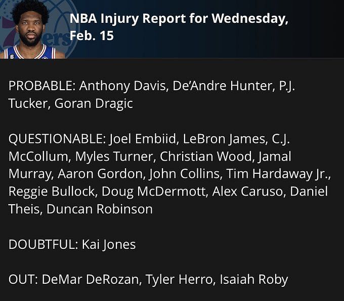 Is Joel Embiid playing tonight, February 15th? Cavs vs 76ers injury report