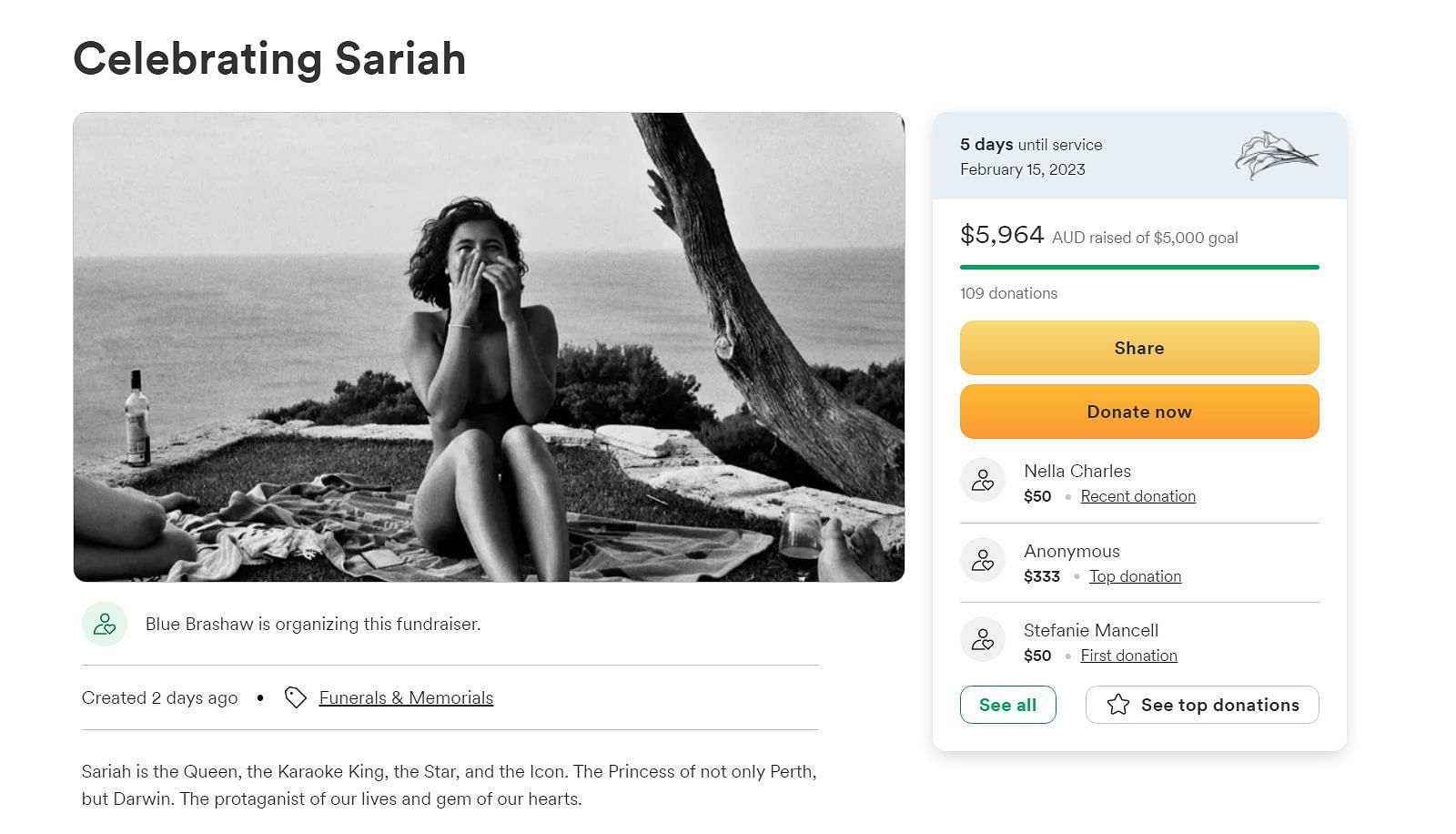 The fundraiser on GoFundMe for Sariah Saibu&#039;s funeral and memorial has received more than AU$5000 (Image via gofundme.com)