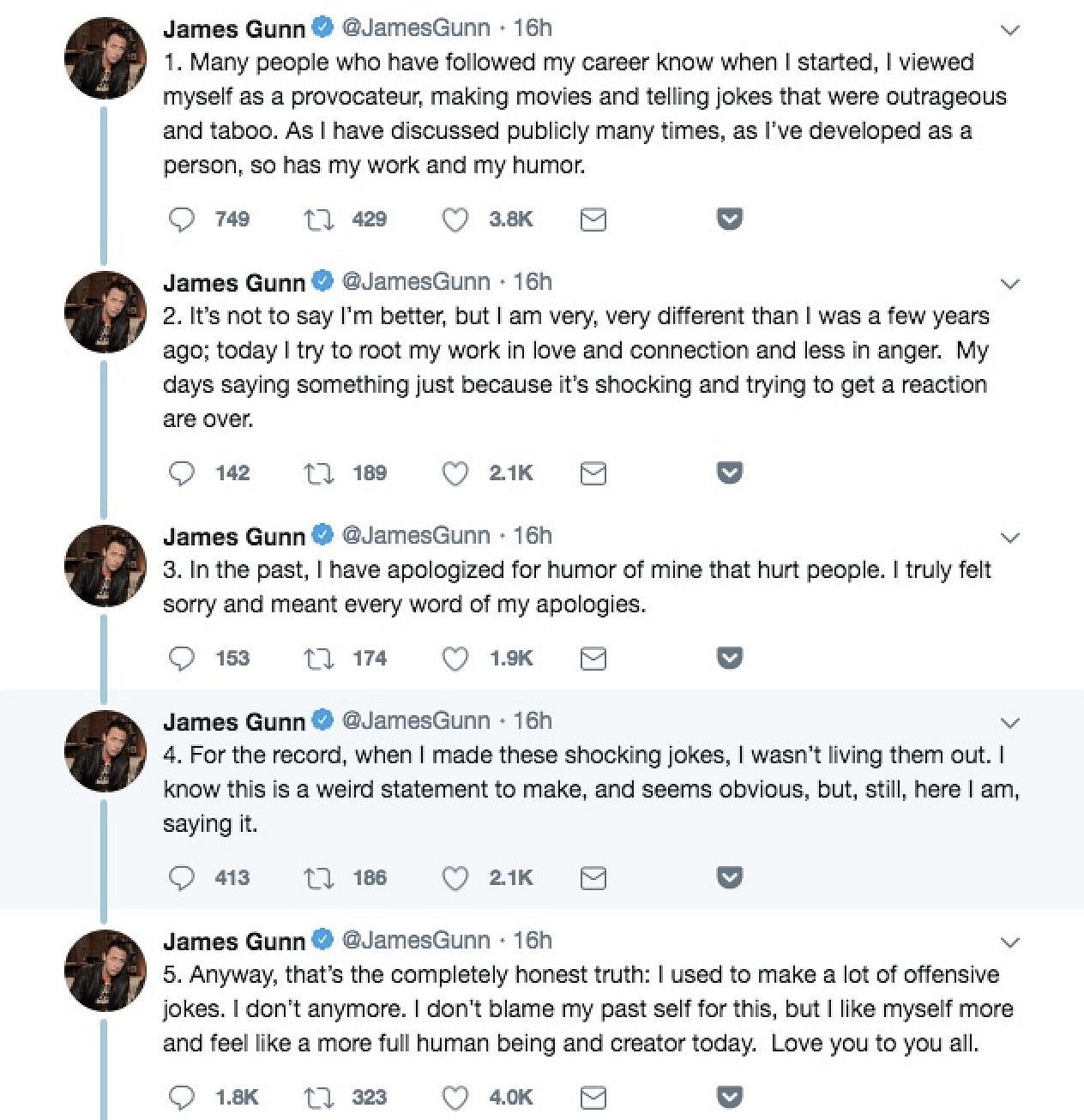 Screenshot of apology tweets from James Gunn (Image via James Gunn&#039;s twitter)