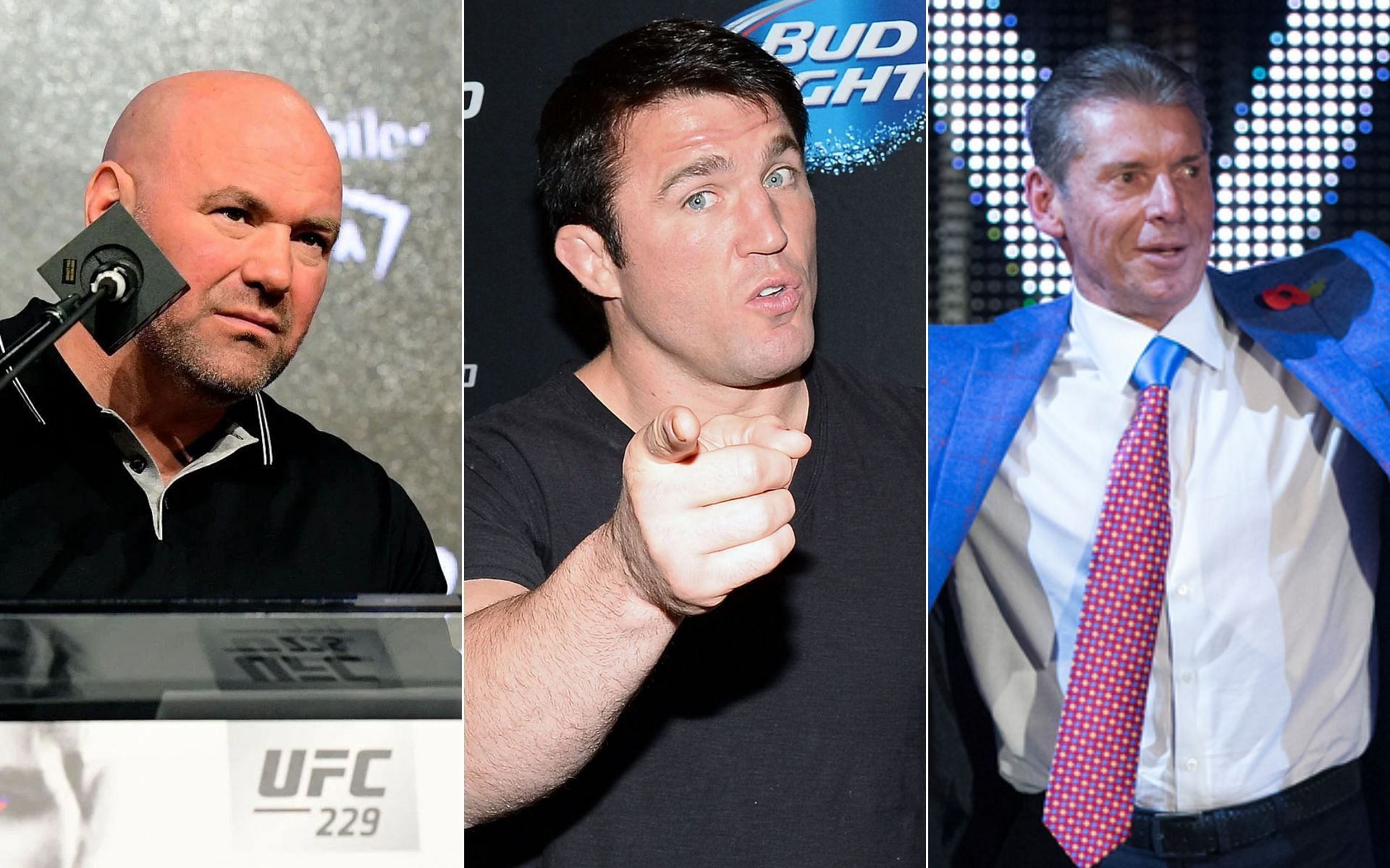 Dana White (Left), Chael Sonnen (Middle), and Vince McMahon (Right) [Photo credit: MMAFightingonSBN - YouTube, and wwe.com]