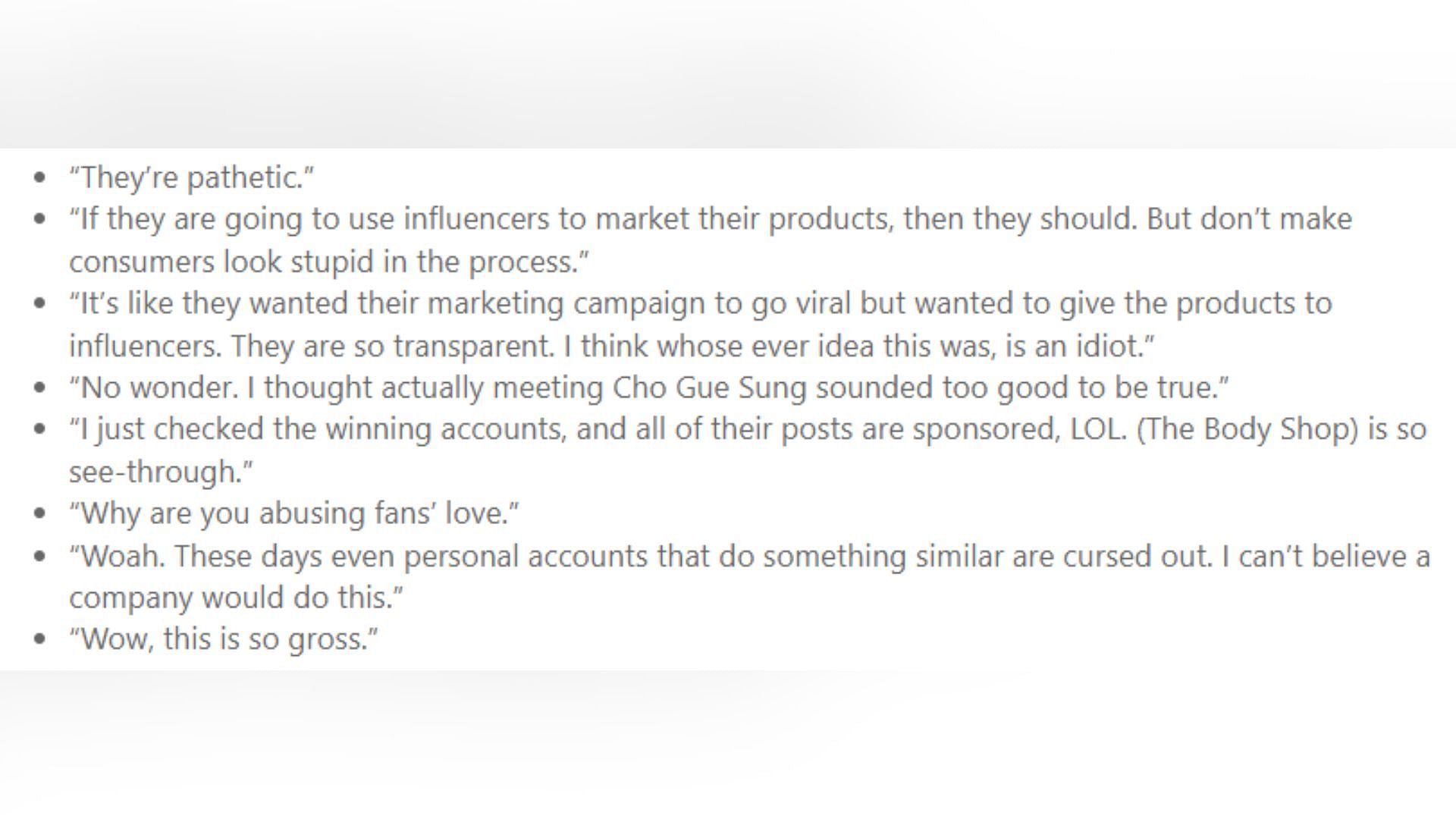 English translation of Korean netizens&#039; comment on The Body Shop&#039;s winner announcements via theqoo (Image via Koreaboo)