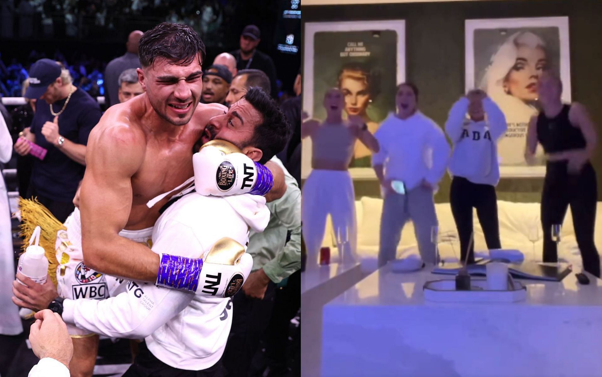 Tommy Fury (L), and his friends reacting to his win over Jake Paul (R).