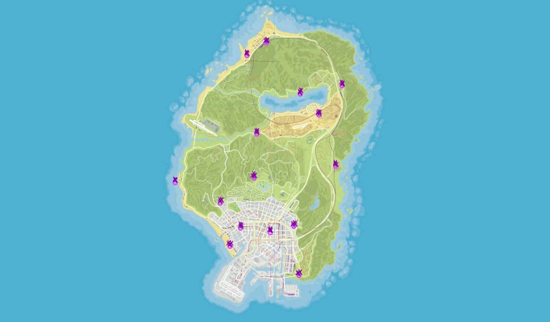 All 15 possible drop-off locations of G&#039;s Cache (Image via Rockstar Games)