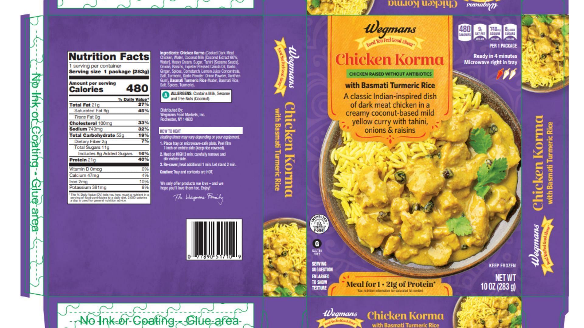 The outer packaging of the Wegmans Chicken Korma with Basmati Turmeric Rice from the FSIS Public Health Alert (Image via FSIS)