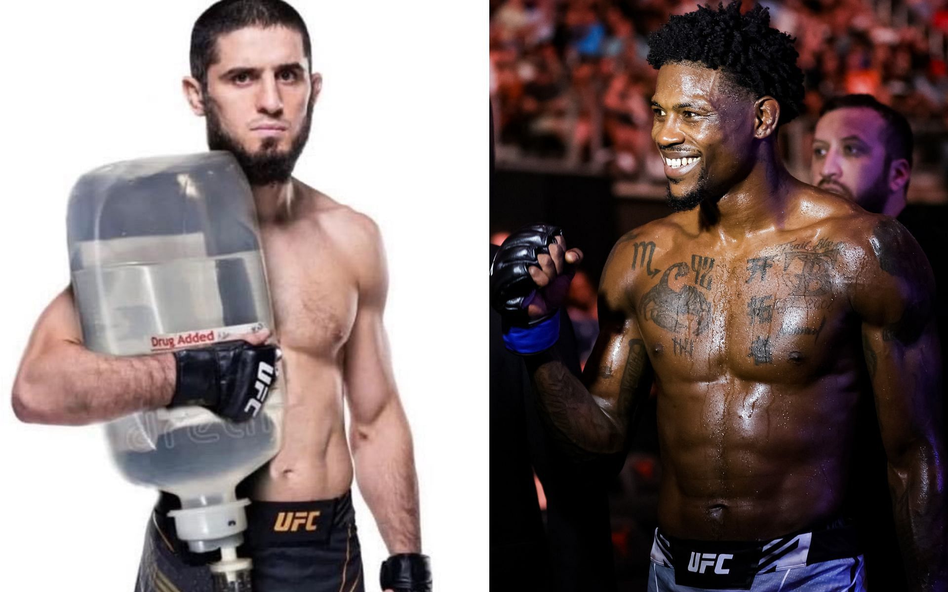 Islam Makhachev meme (left) and Kevin Holland (right). [Images courtesy: left image from Instagram @trailblaze2top and right image from Getty Images]