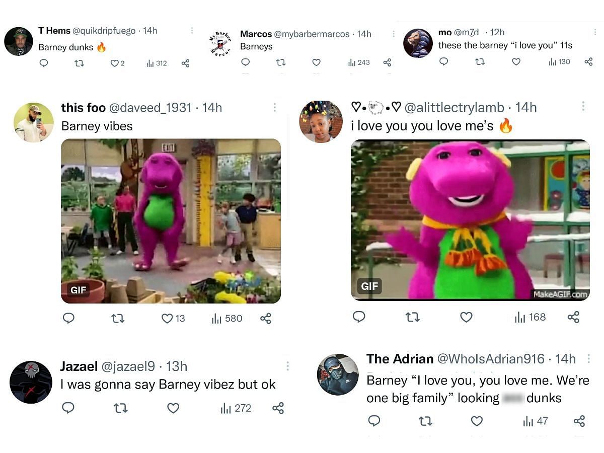 Fans&#039; reaction to the latest Joker-like Nike Dunk Low &quot;Stadium Green and Fuchsia Pink&quot; sneakers, as they call it a Barney dunk (Image via Sportskeeda)