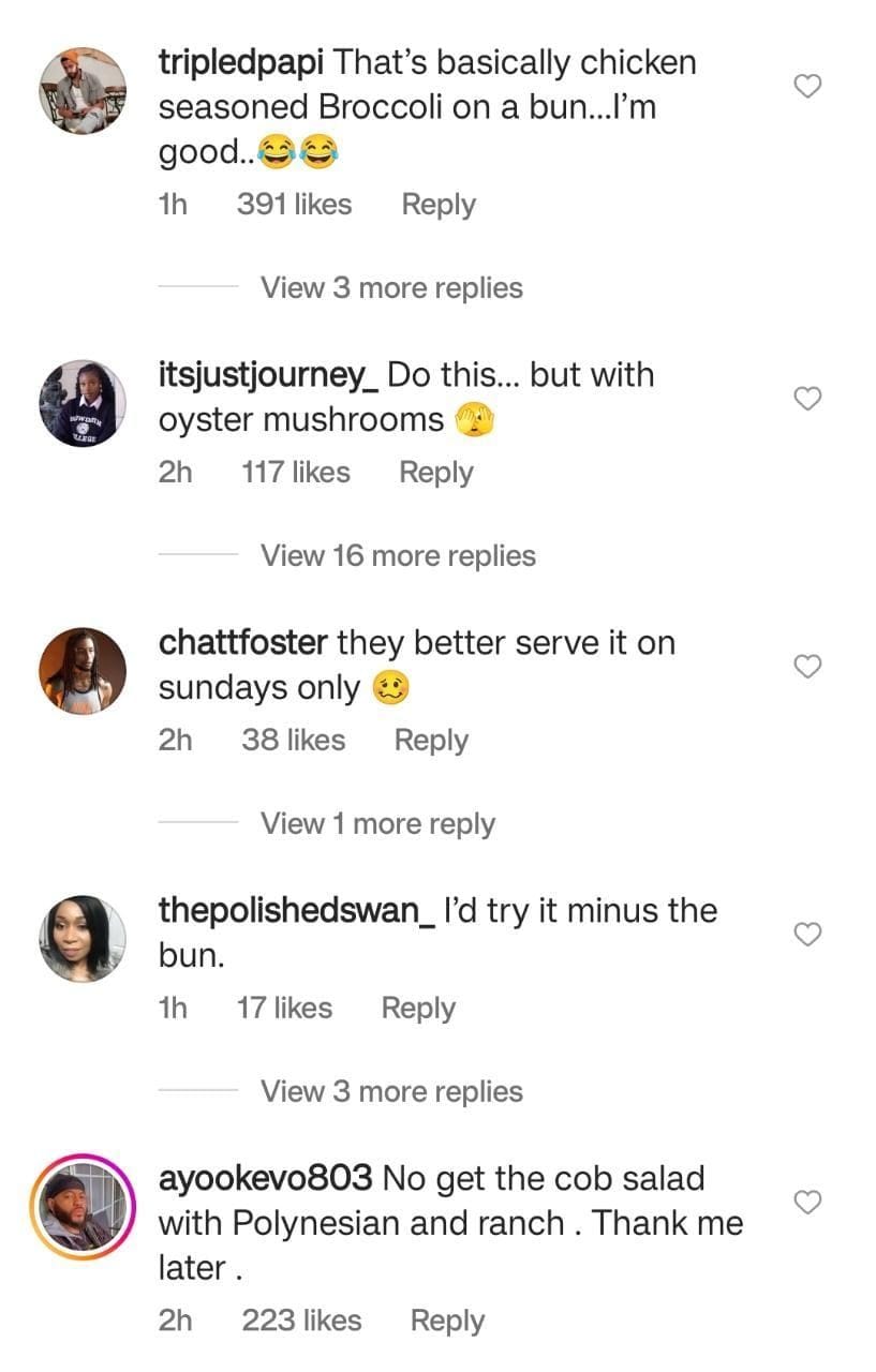 "Chicken seasoned broccoli on a bun" ChickfilA cauliflower sandwich