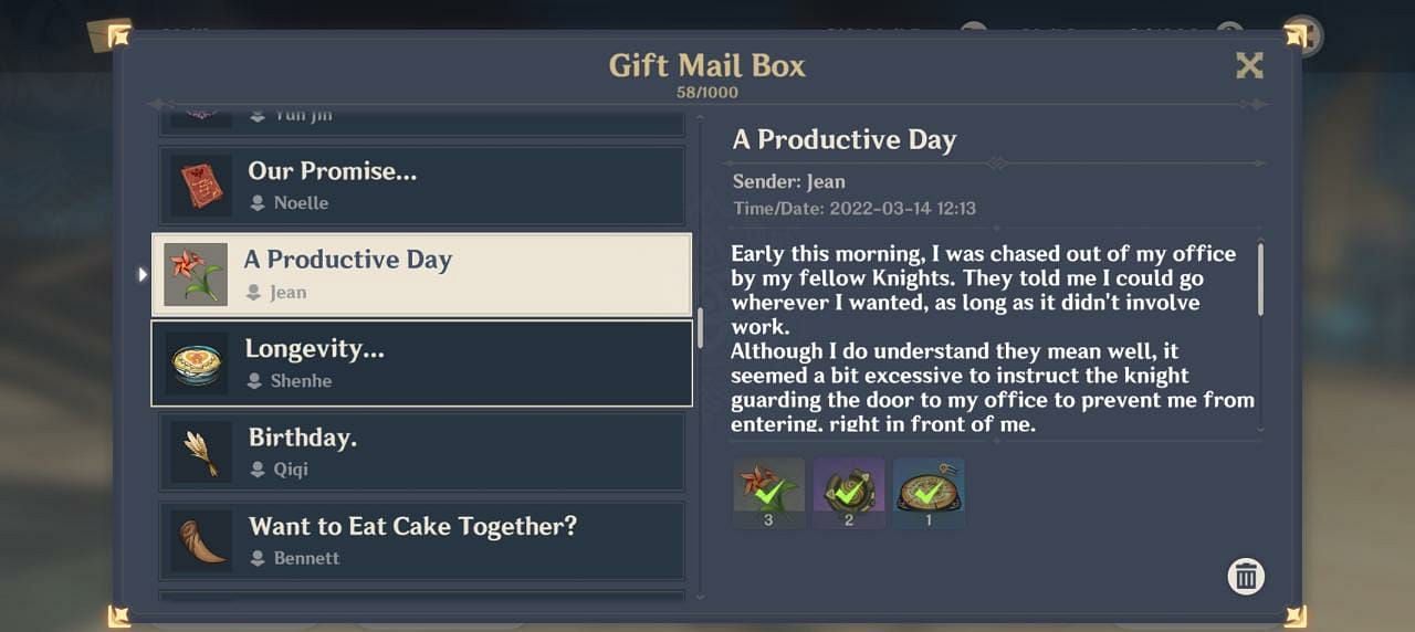 Jean&#039;s birthday mail in 2022 (Image via Genshin Impact)