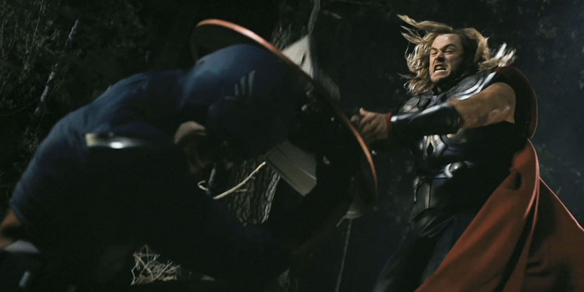 Captain America&#039;s shield collides with Thor&#039;s hammer, Mjolnir (Image via Marvel Studios)