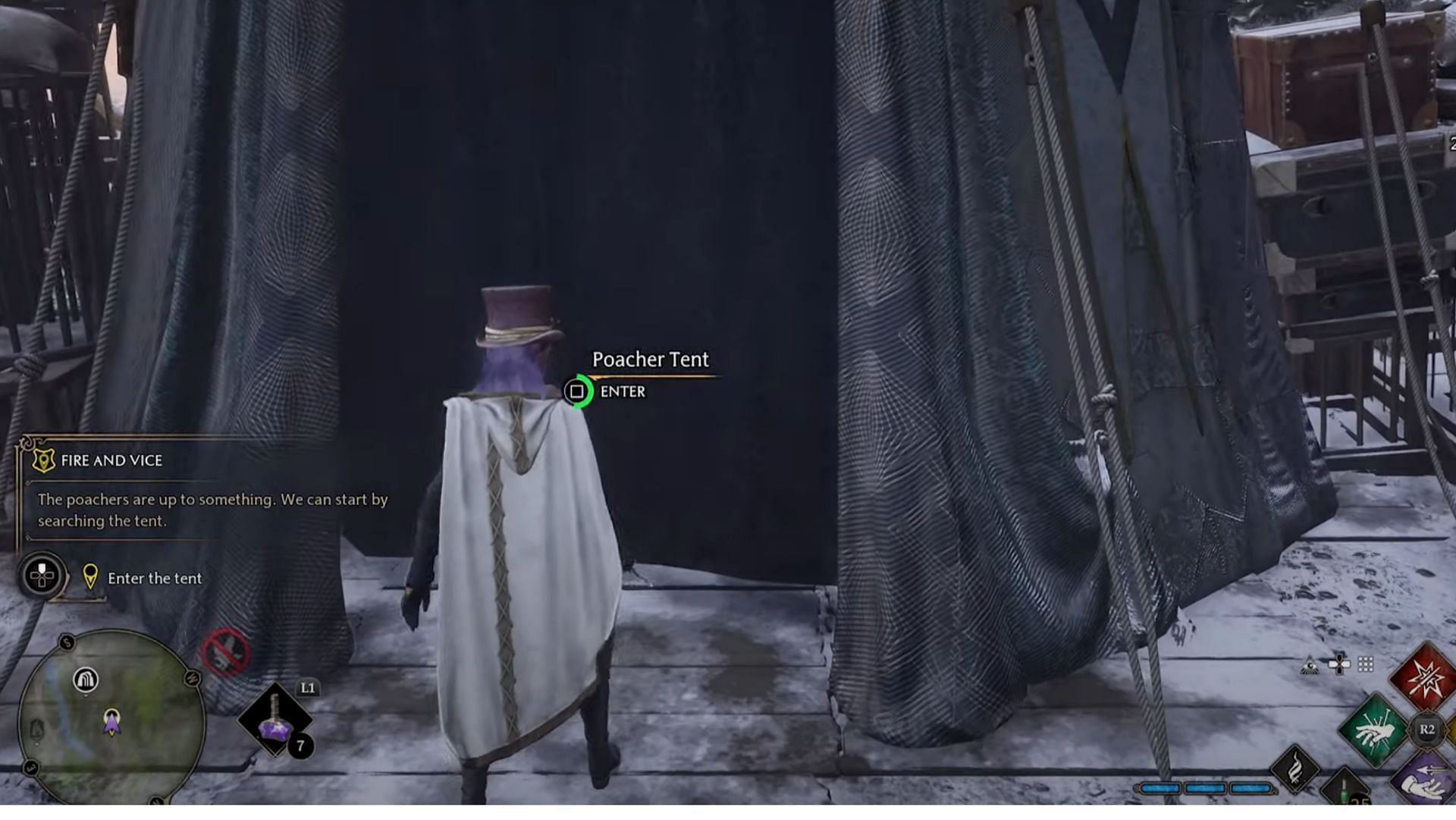 Entering the poacher&#039;s tent (Image via WB game and YouTube/FP Good Game)