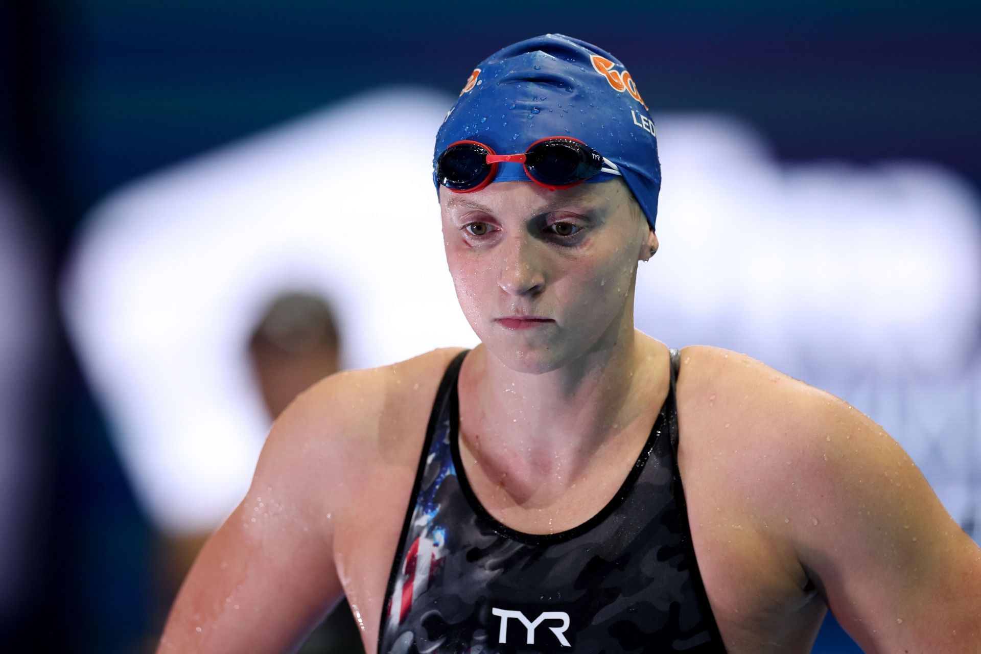 Katie Ledecky of the United States looks on after breaking the world record in the Women&#039;s 800m Freestyle final on Day 3 of the FINA Swimming World Cup 2022 Leg 3 at Indiana University Natatorium on November 05, 2022 in Indianapolis, Indiana. (Photo by Maddie Meyer/Getty Images)