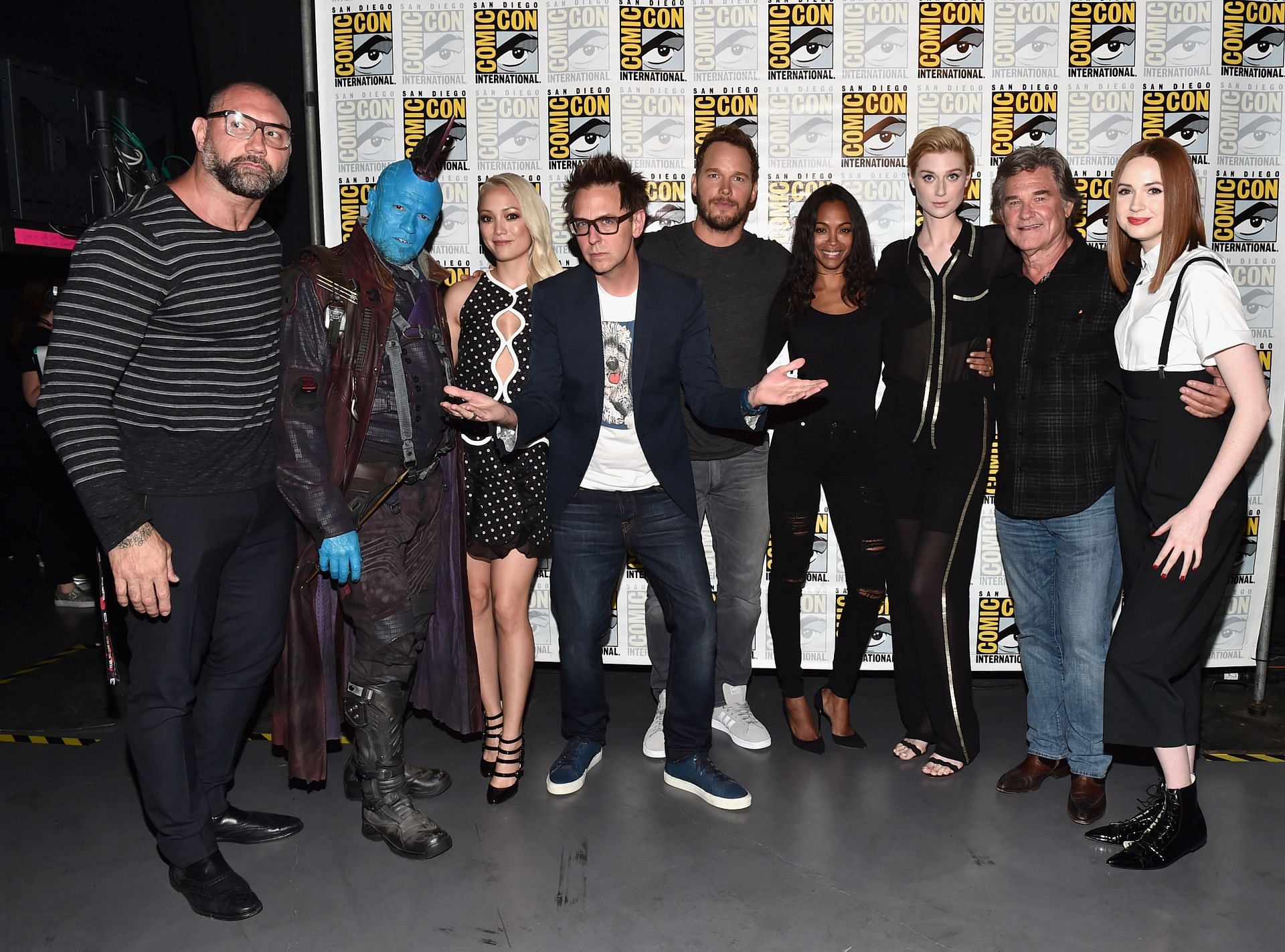 Cast members of Guardians of the Galaxy showing support for Gunn (Image via Getty)