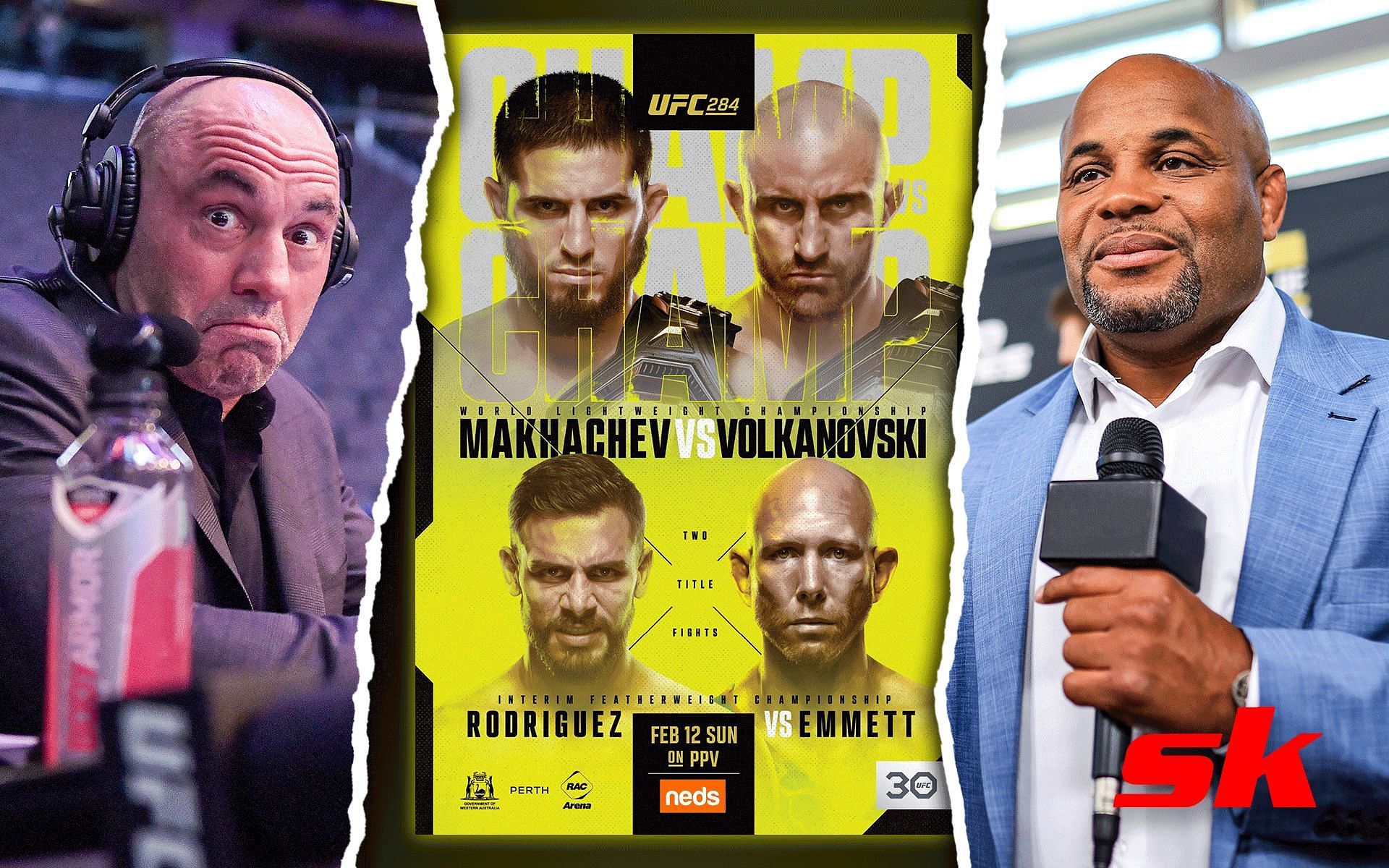 Joe Rogan (left), UFC 284 poster (centre) and Daniel Cormier (right) [Image Credits: Getty images and @UFC_AUSNZ on Twitter] 