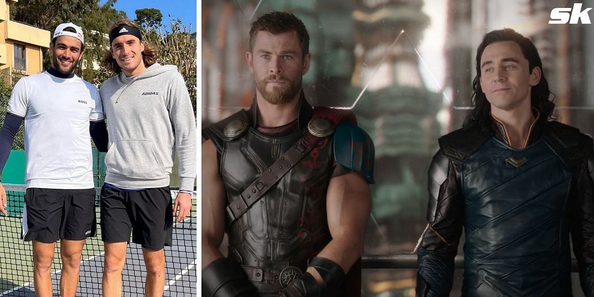 Matteo Berrettini and Stefanos Tsitsipas (L), Thor and Loki from the Marvel Cinematic Universe (R)