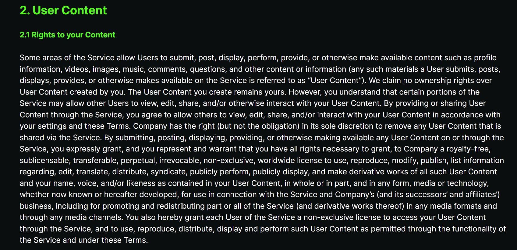 Kick&#039;s official ToS detailing User Content and the &quot;Rights to your Content&quot; (Image via Kick)