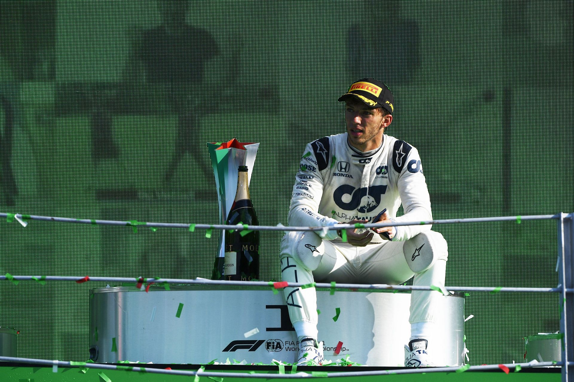 Race winner Pierre Gasly of France and Scuderia AlphaTauri celebrates on the podium during the F1 Grand Prix of Italy at Autodromo di Monza on September 06, 2020 in Monza, Italy. (Photo by Rudy Carezzevoli/Getty Images)