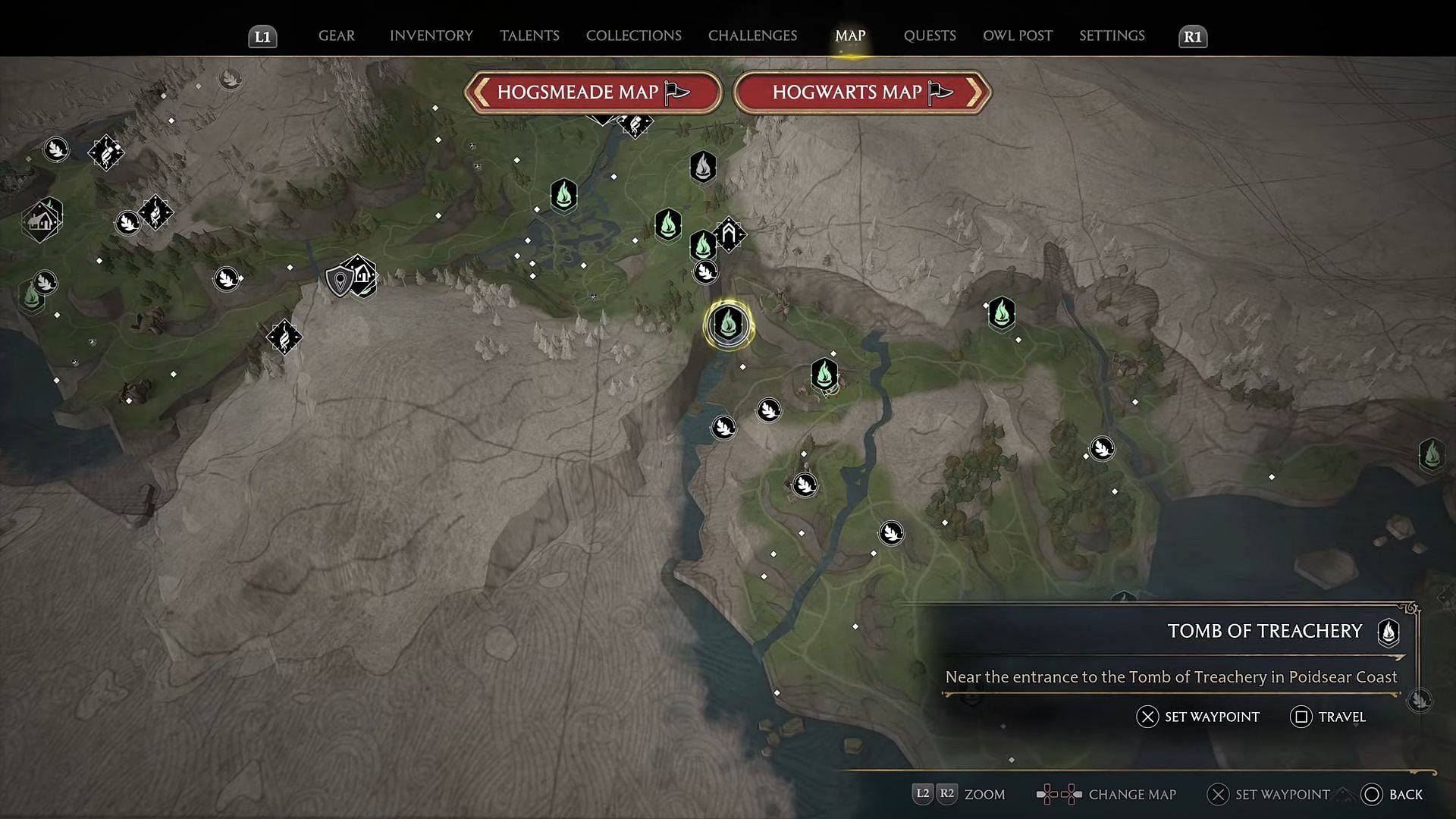 Location of the Cursed Tomb in Hogwarts Legacy map (Image via @PS5Trophies on YouTube)