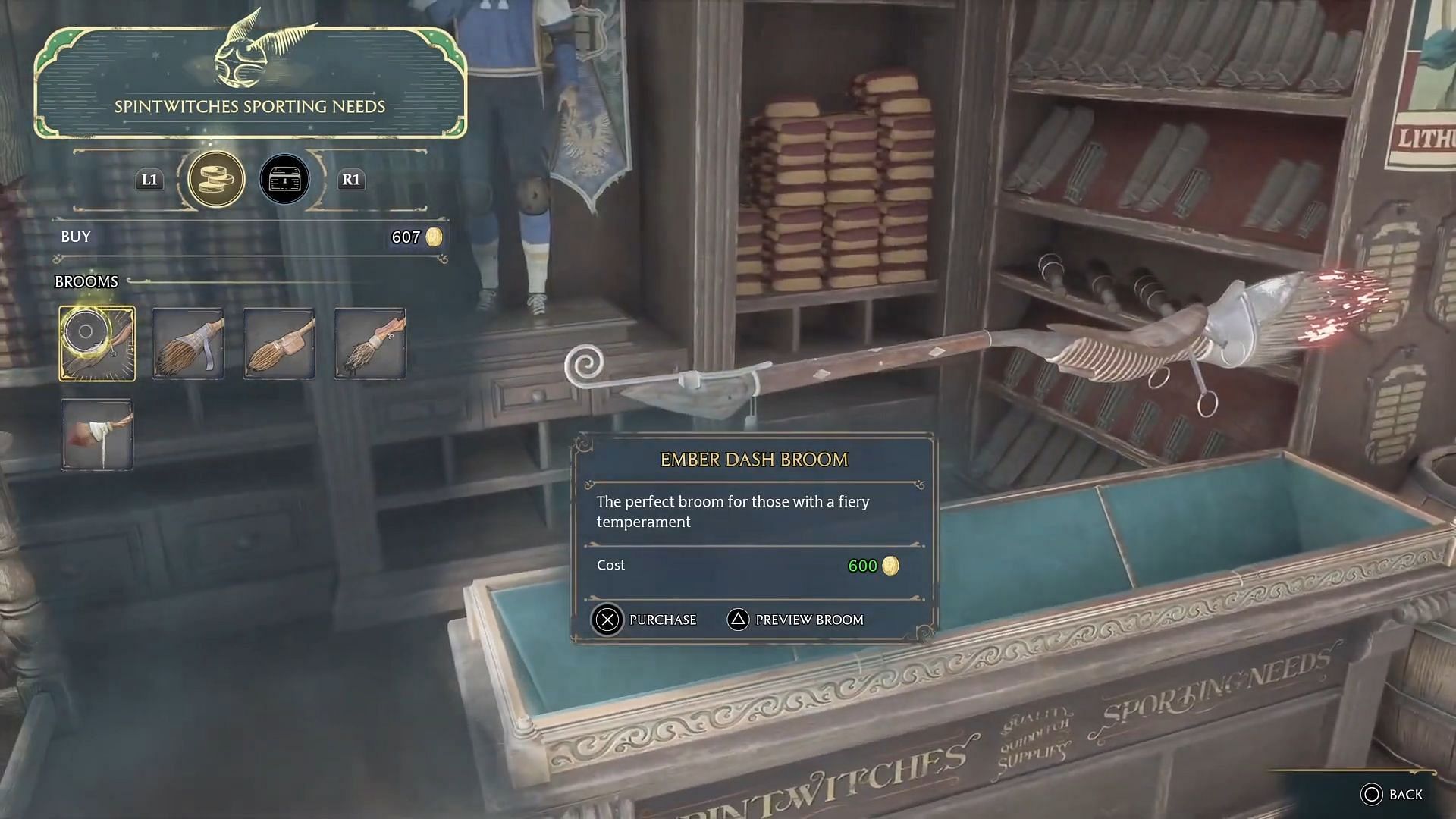 The broom shop within Hogsmeade (Image via YouTube/Backseat Guides)