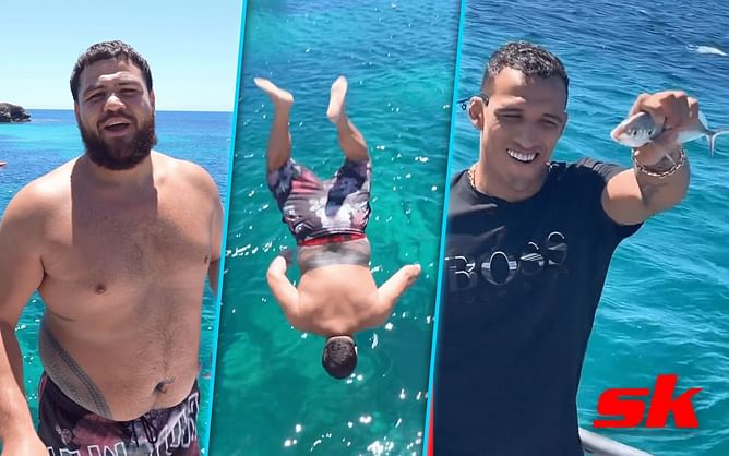 WATCH: Tai Tuivasa backflips off a boat while fishing with Charles Oliveira